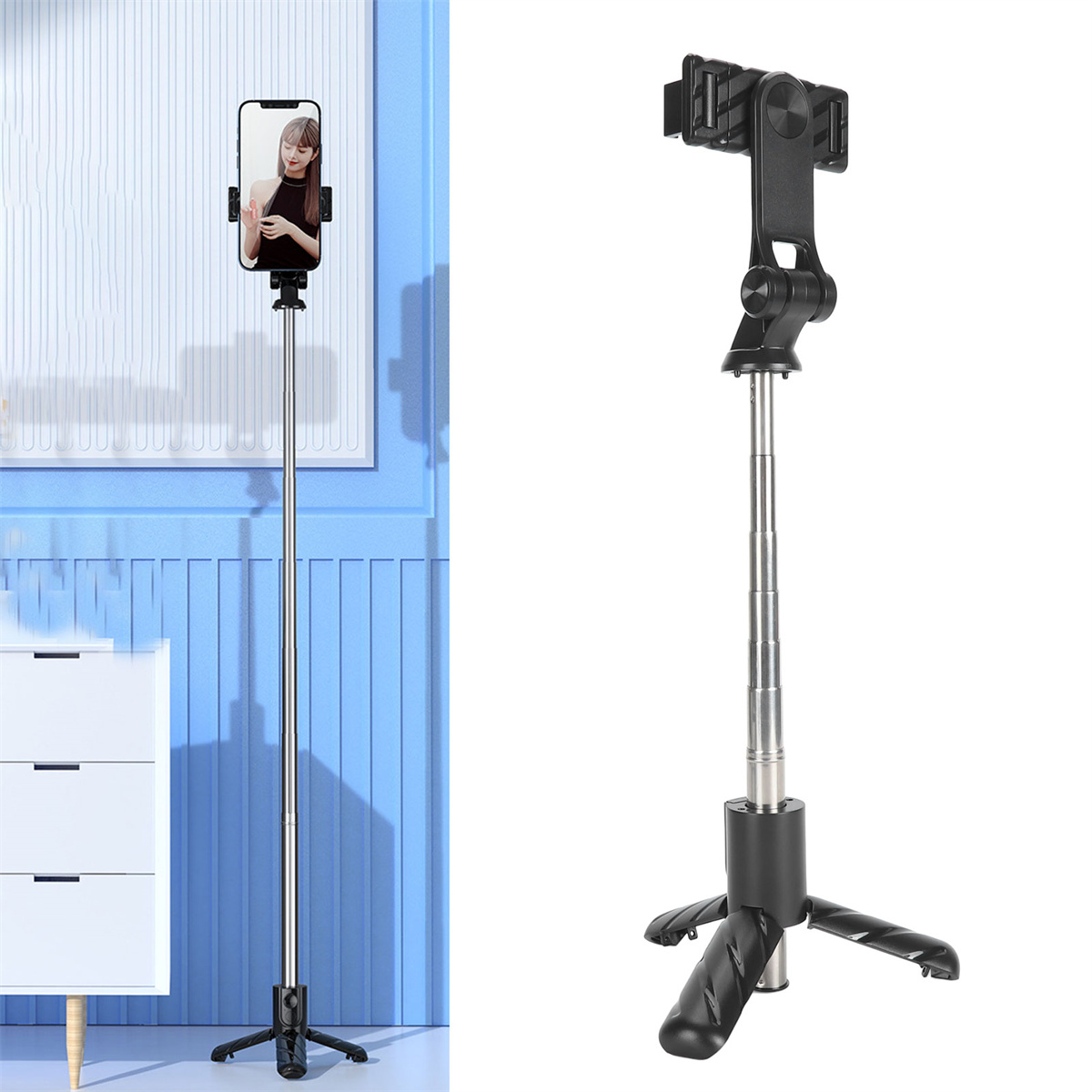 Ein Selfie-Stick mit befestigtem Telefon. Auf dem Telefon ist eine Frau zu sehen. Der Stick steht auf einem Stativ.