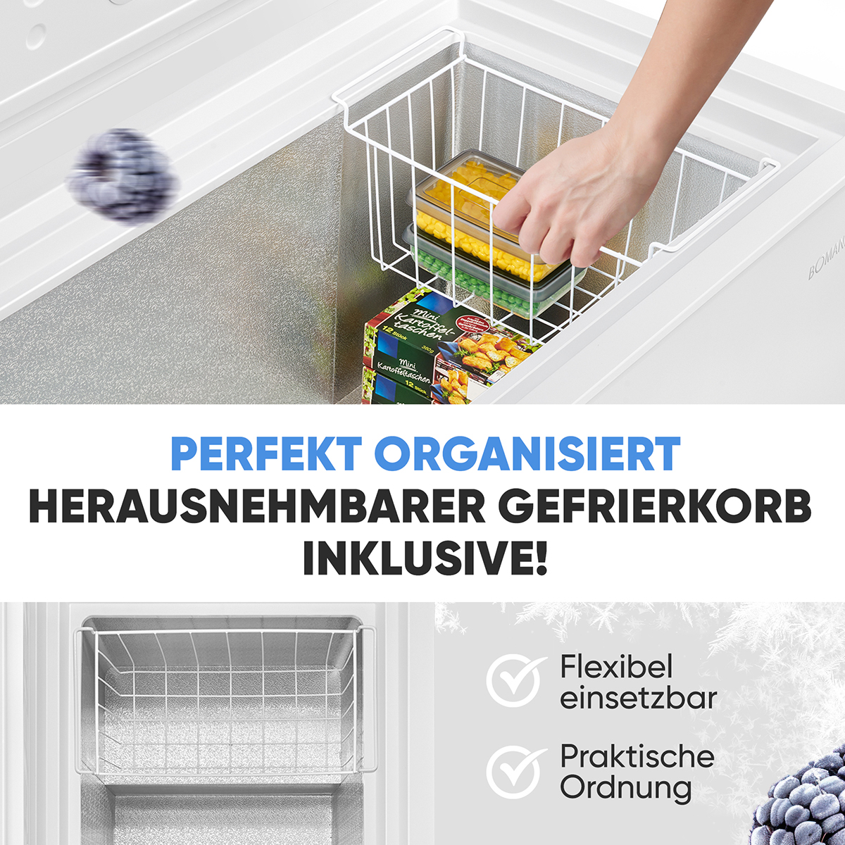 Gefrierschrank mit einer Hand, die einen Behälter platziert. Weißer Korb und blaue Tiefkühlkost. Hintergrund: weiß.