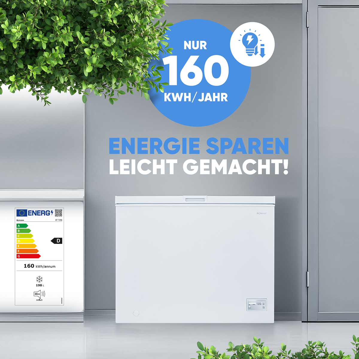 Weiße Truhen-Gefriertruhe mit Energielabel und Text 'Energiesparen leicht gemacht!'