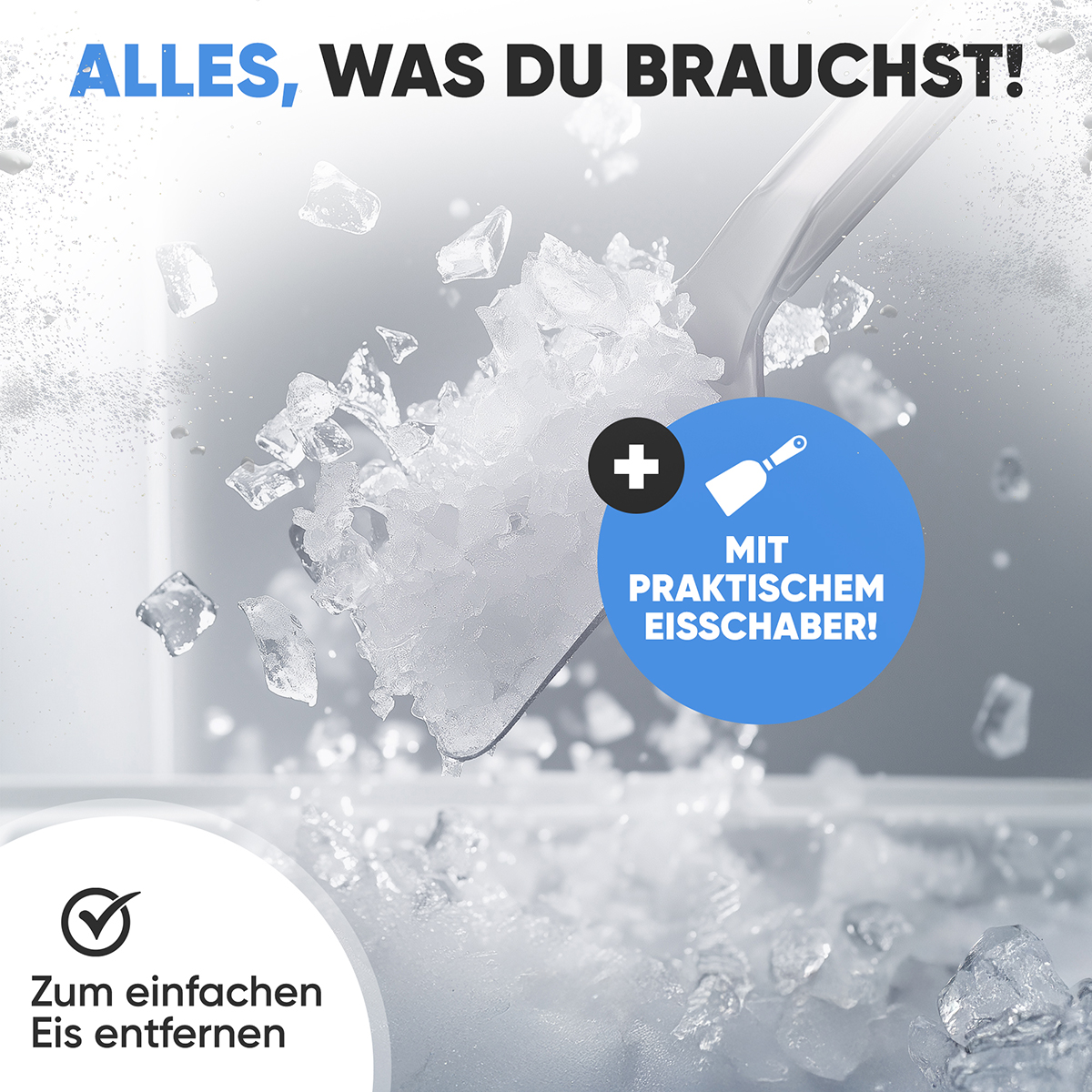 Ein silberner Eisschaber und zerstoßenes Eis. Das Bild enthält Text über das einfache Entfernen von Eis.