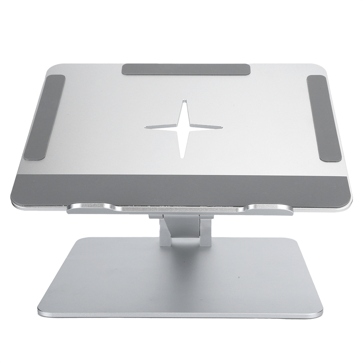 Silberner Laptop-Ständer mit kreuzförmigem Design. Graue Pads befinden sich oben und unten.