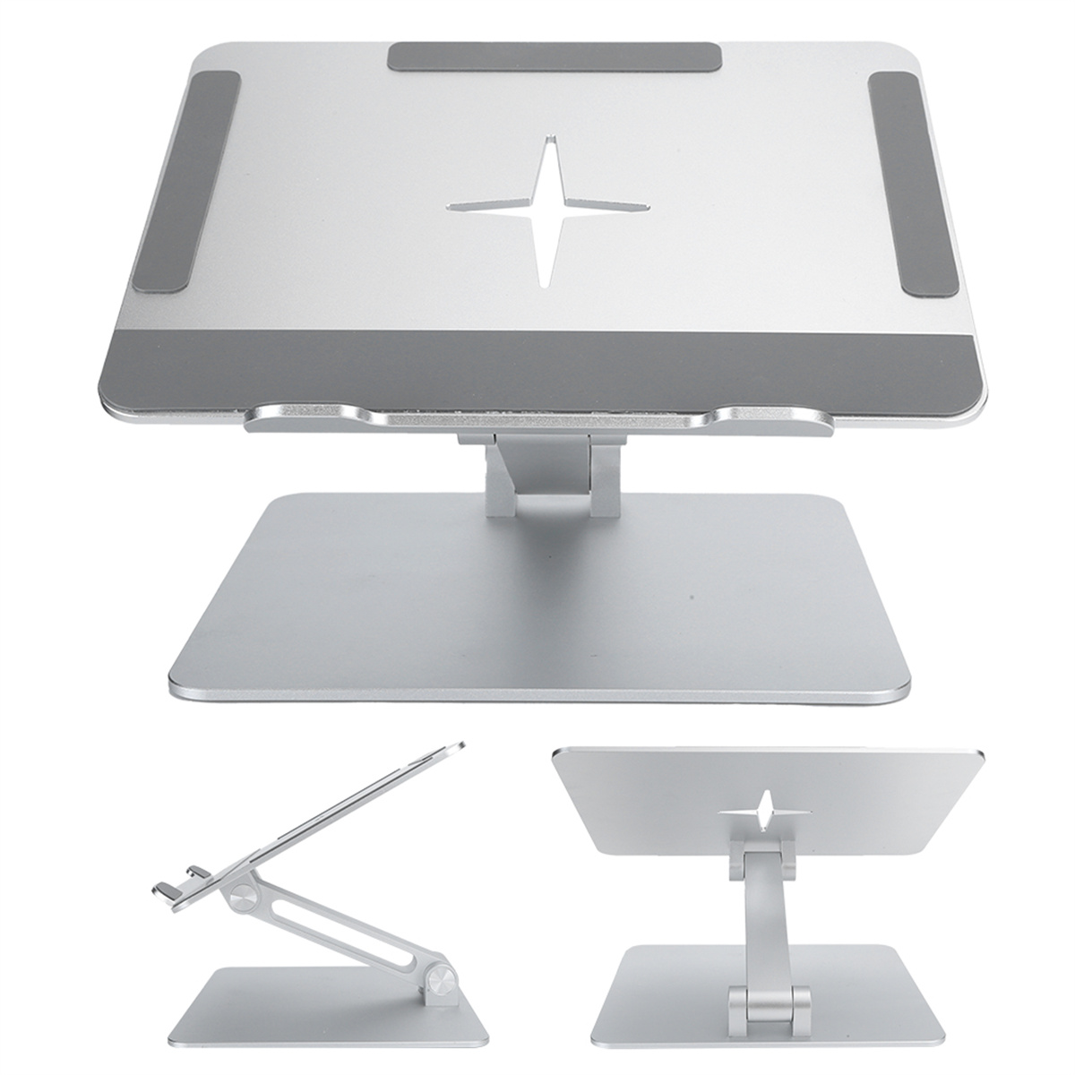 Ein silberner Laptop-Ständer mit verstellbarer Höhe und offenem Design.