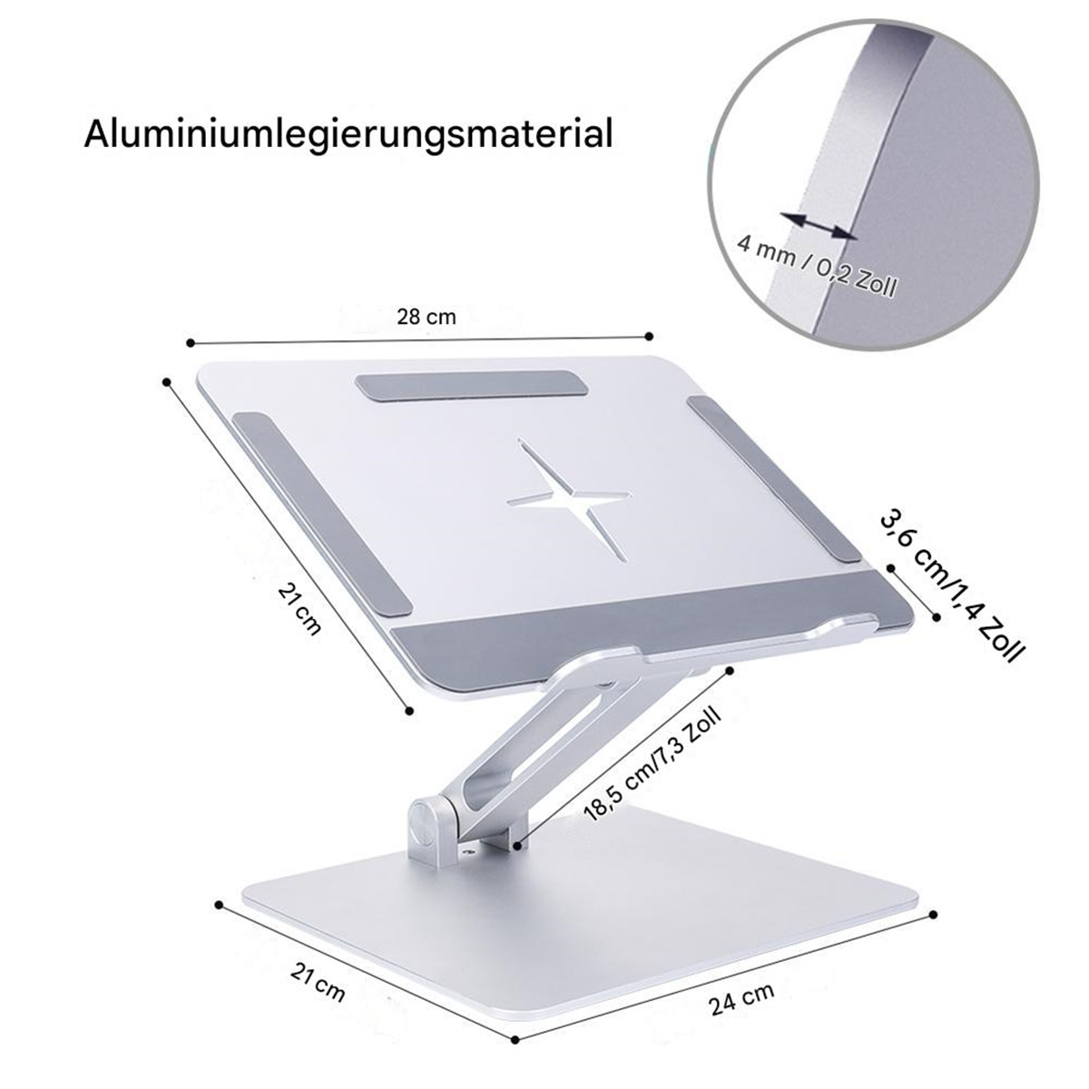 Ein silberner Laptopständer mit Maßen und Notizen sowie eine Nahaufnahme.