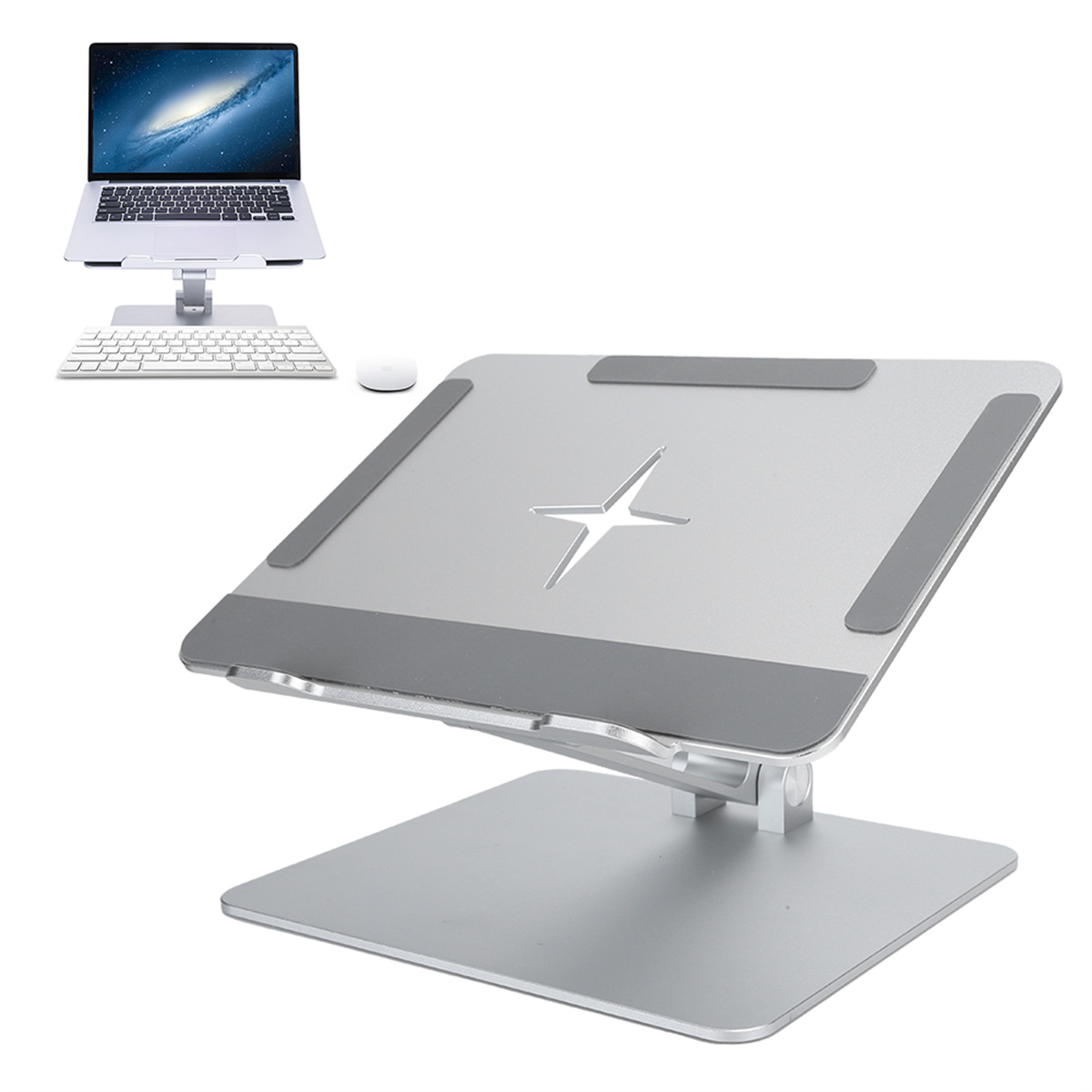 Ein Laptop auf einem silbernen Laptopständer. Eine Tastatur und Maus befinden sich links. Der Hintergrund ist weiß.