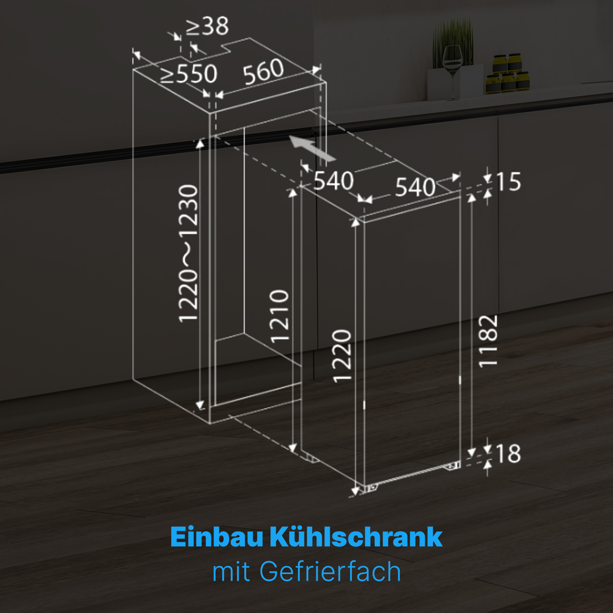 Diagramm eines Einbaukühlschranks mit Abmessungen und Beschriftungen auf Deutsch, zeigt Einbaudetails.