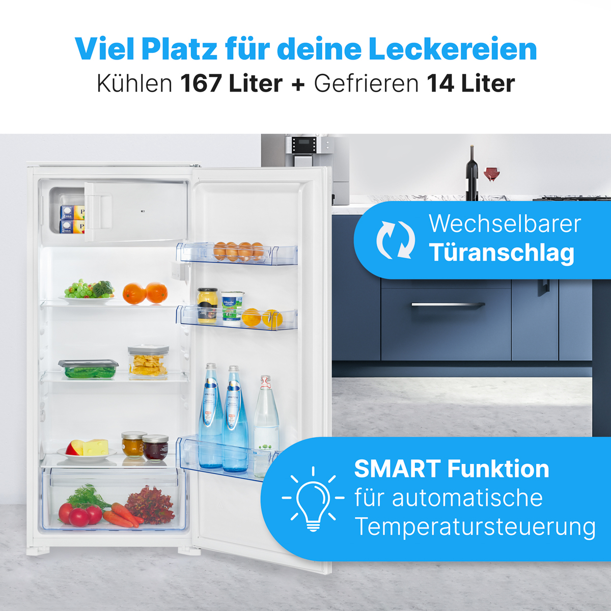 Weißer Kühlschrank mit offener Tür, die Lebensmittel zeigt. Blauer Text und Hintergrund.