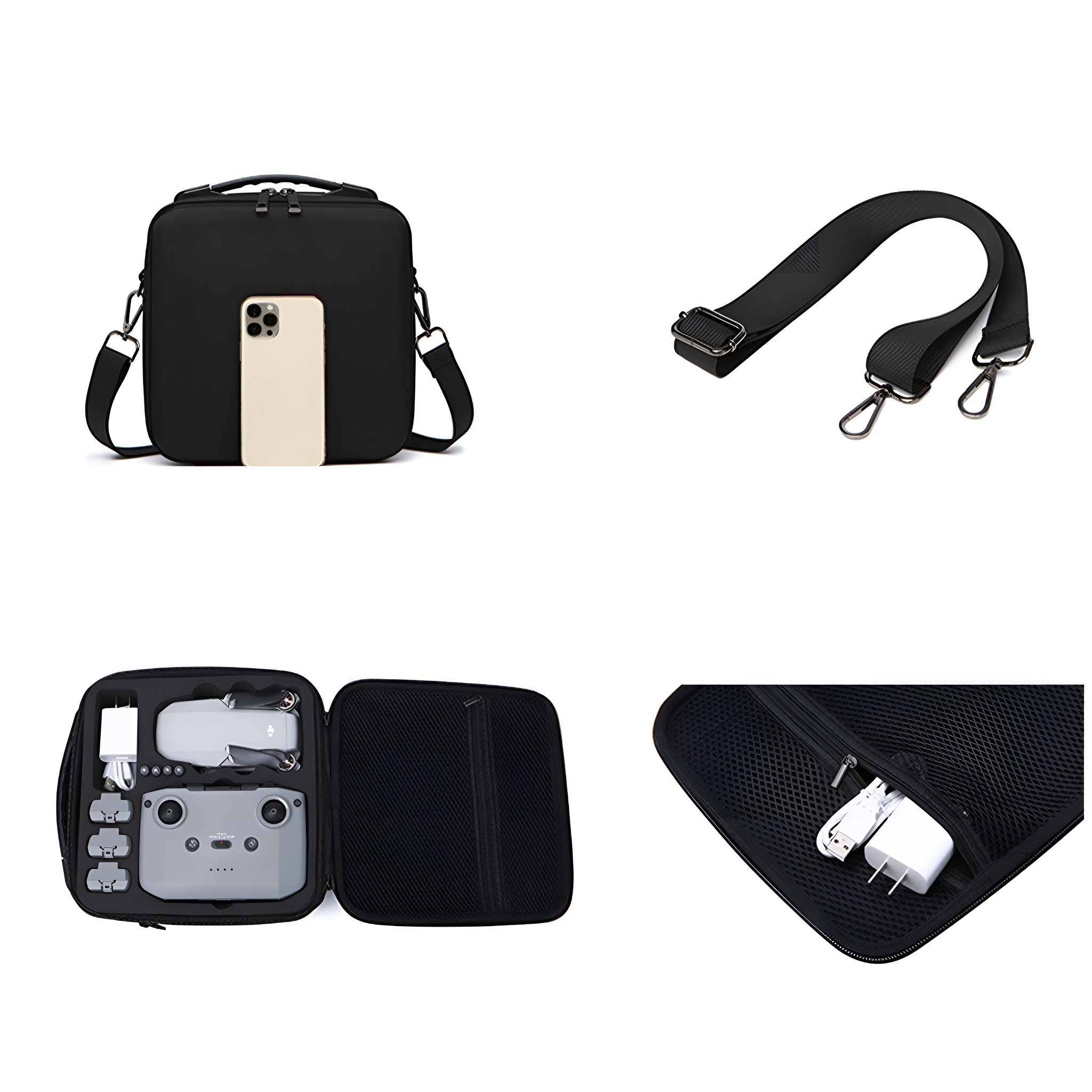 Schwarze Drohnen-Tragetasche mit Zubehör: Telefon, Gurte, Batterien und Ladegerät.