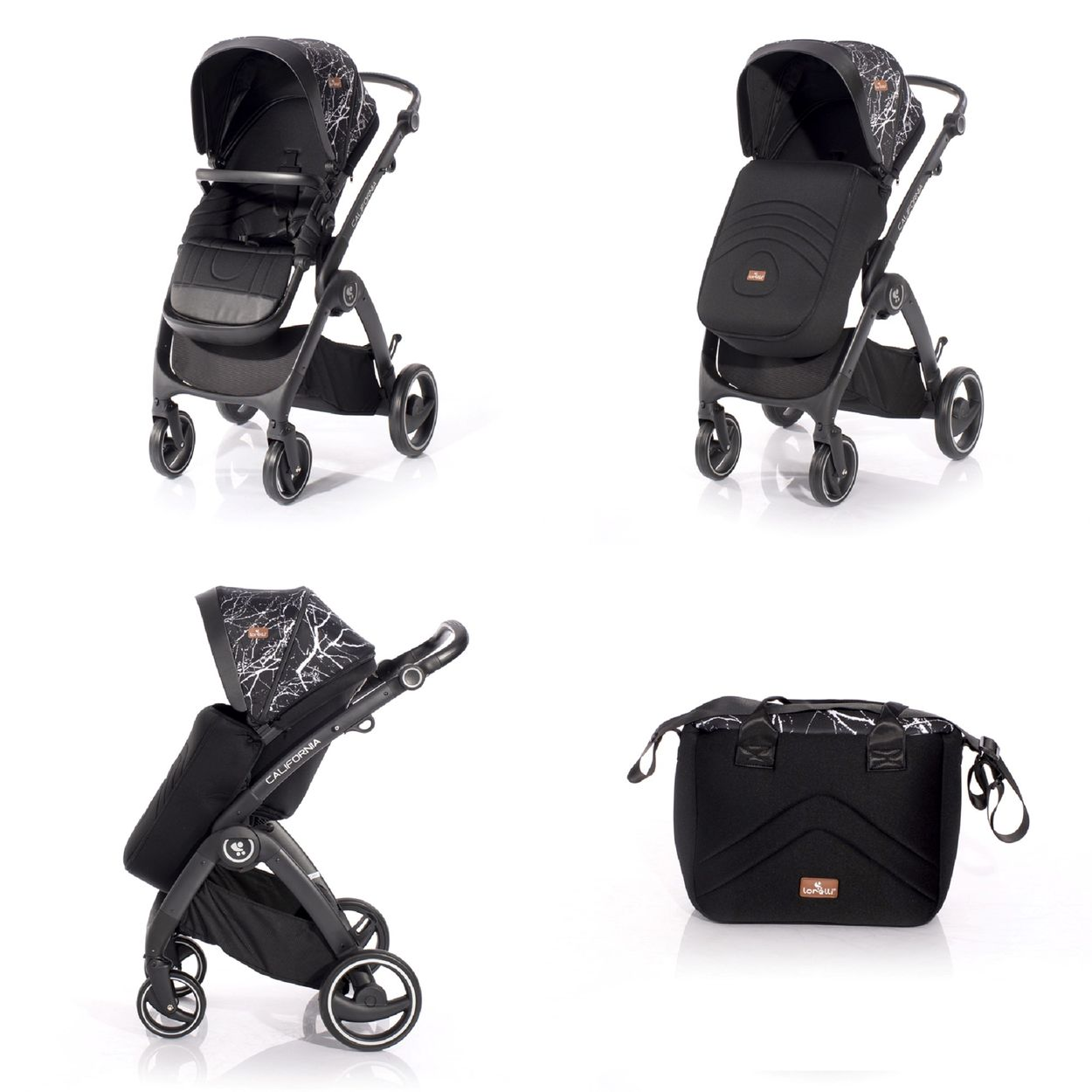 Vier Ansichten eines schwarzen Kinderwagens. Enthält den Kinderwagen in verschiedenen Konfigurationen und eine passende Tasche.