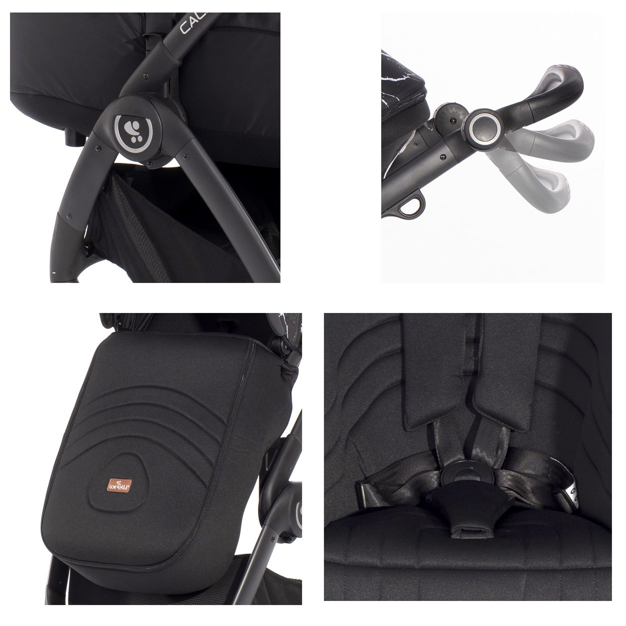 Nahaufnahmen eines schwarzen Kinderwagens. Teile: Gestell, Griff, Sitz, Räder und Gurtzeug.