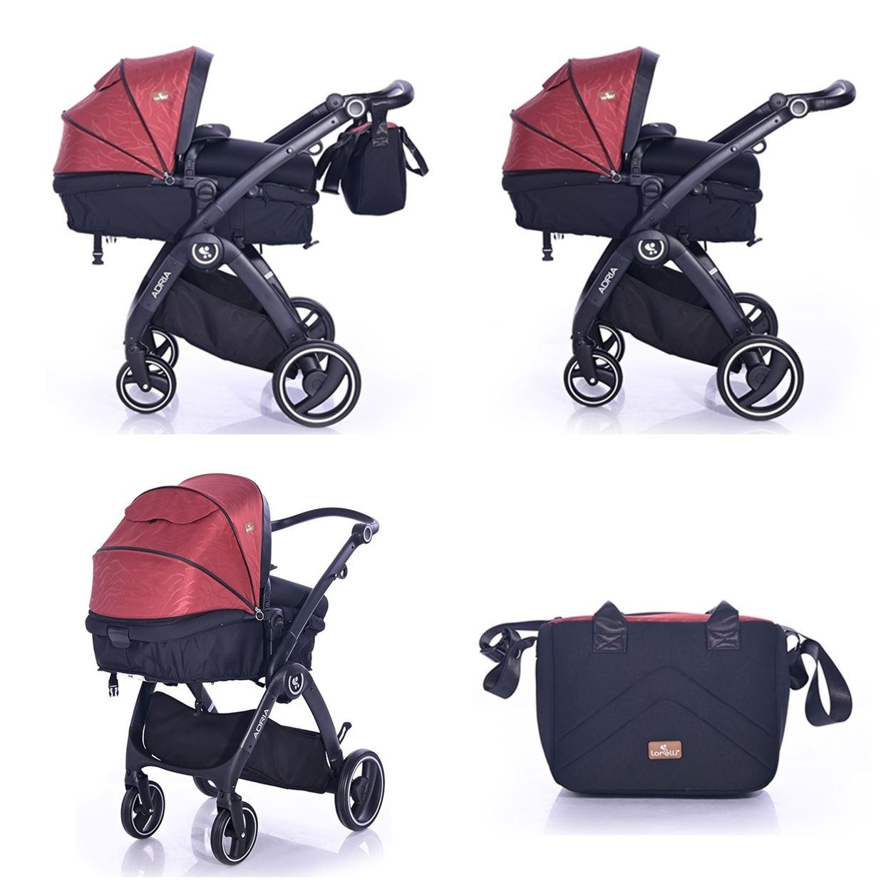Collage eines rot-schwarzen Kinderwagens mit passender Tasche. Mehrere Ansichten werden bereitgestellt.