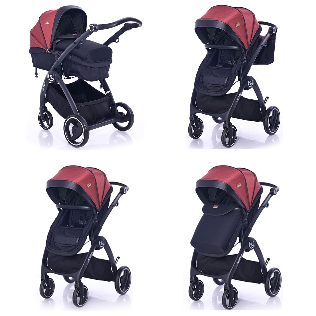 Vier Ansichten eines rot-schwarzen Kinderwagens auf weißem Hintergrund. Verschiedene Winkel.