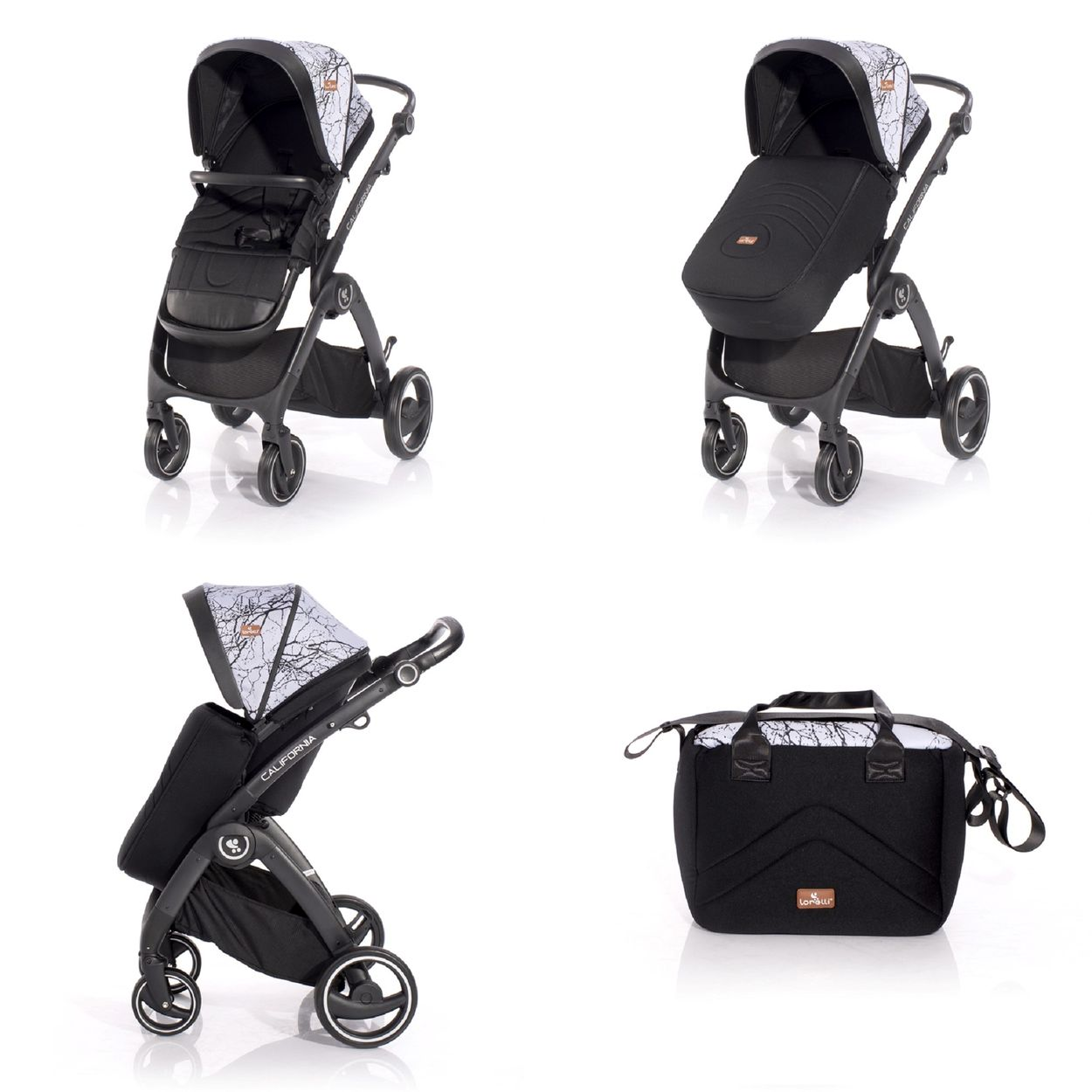 Ein schwarz-grauer Kinderwagen mit gemusterter Haube und passender Tasche. Vier Ansichten zeigen Kinderwagen und Tasche.