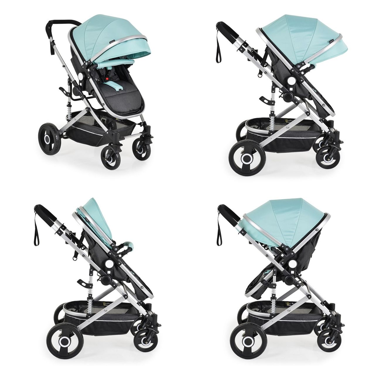 Blauer Kinderwagen mit silbernem Rahmen. Verschiedene Ansichten werden gezeigt.