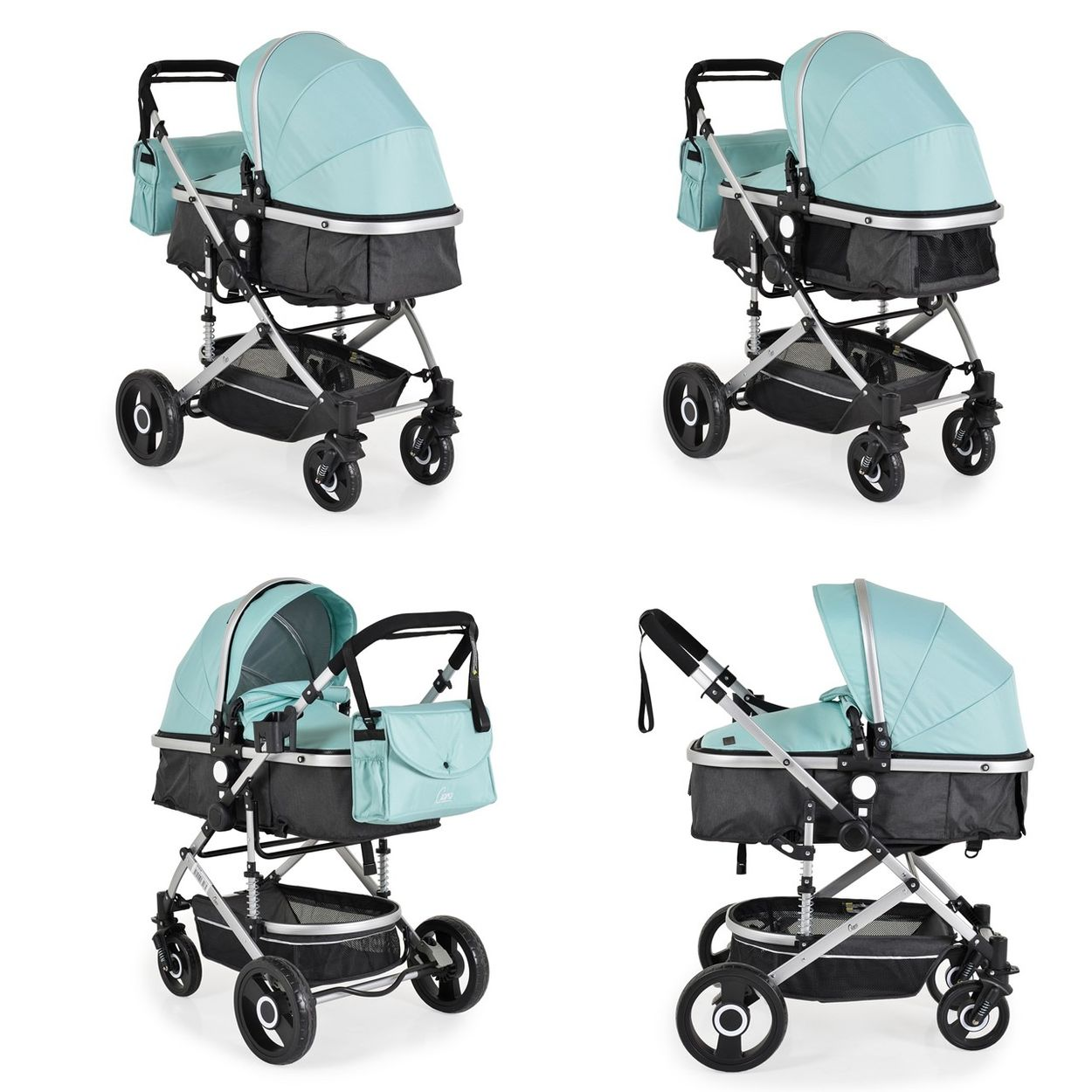 Es werden vier Kinderwagen mit einem türkisfarbenen Verdeck, einem schwarzen Gestell und einem silberfarbenen Rahmen gezeigt.