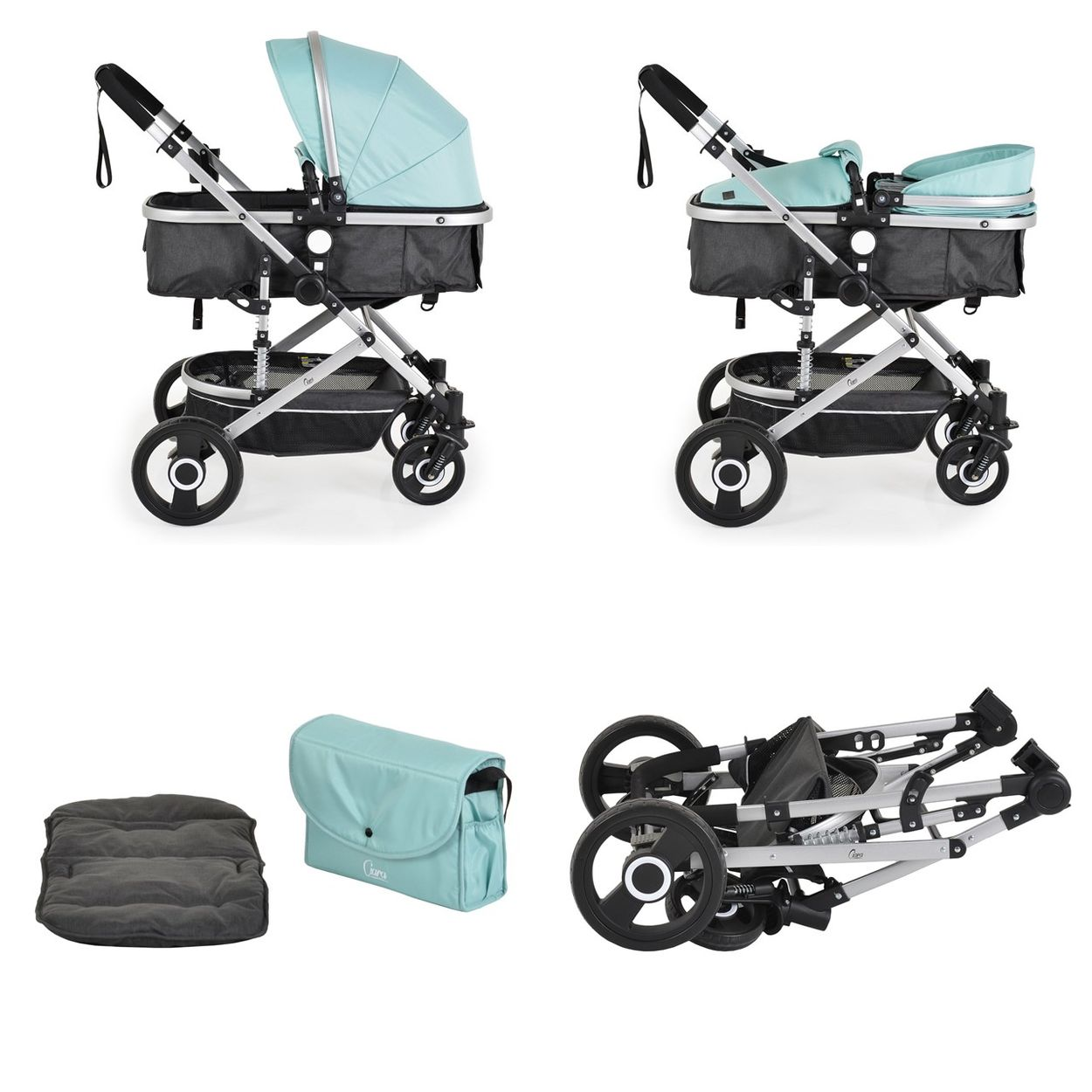 Mehrere Ansichten eines Kinderwagens mit grauem Korpus, blauem Zubehör und zusammengeklappt auf weißem Grund.