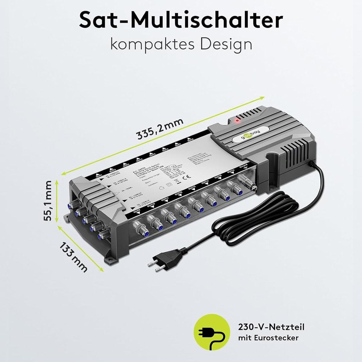 Ein grauer Satelliten-Multischalter mit Abmessungen und Stecker, auf weißem Hintergrund mit Text auf Deutsch.