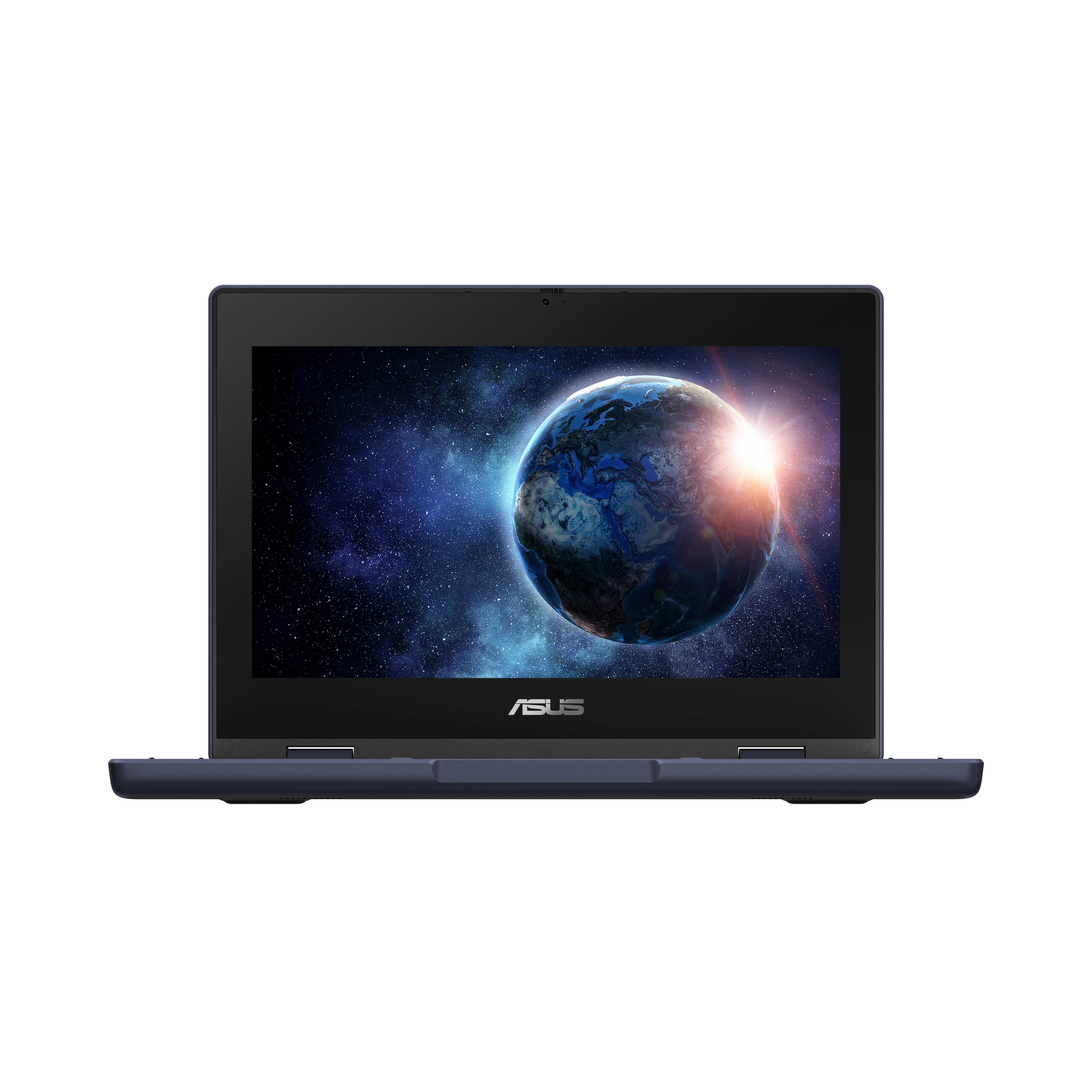 Un portátil ASUS abierto que muestra una imagen de galaxia en la pantalla.