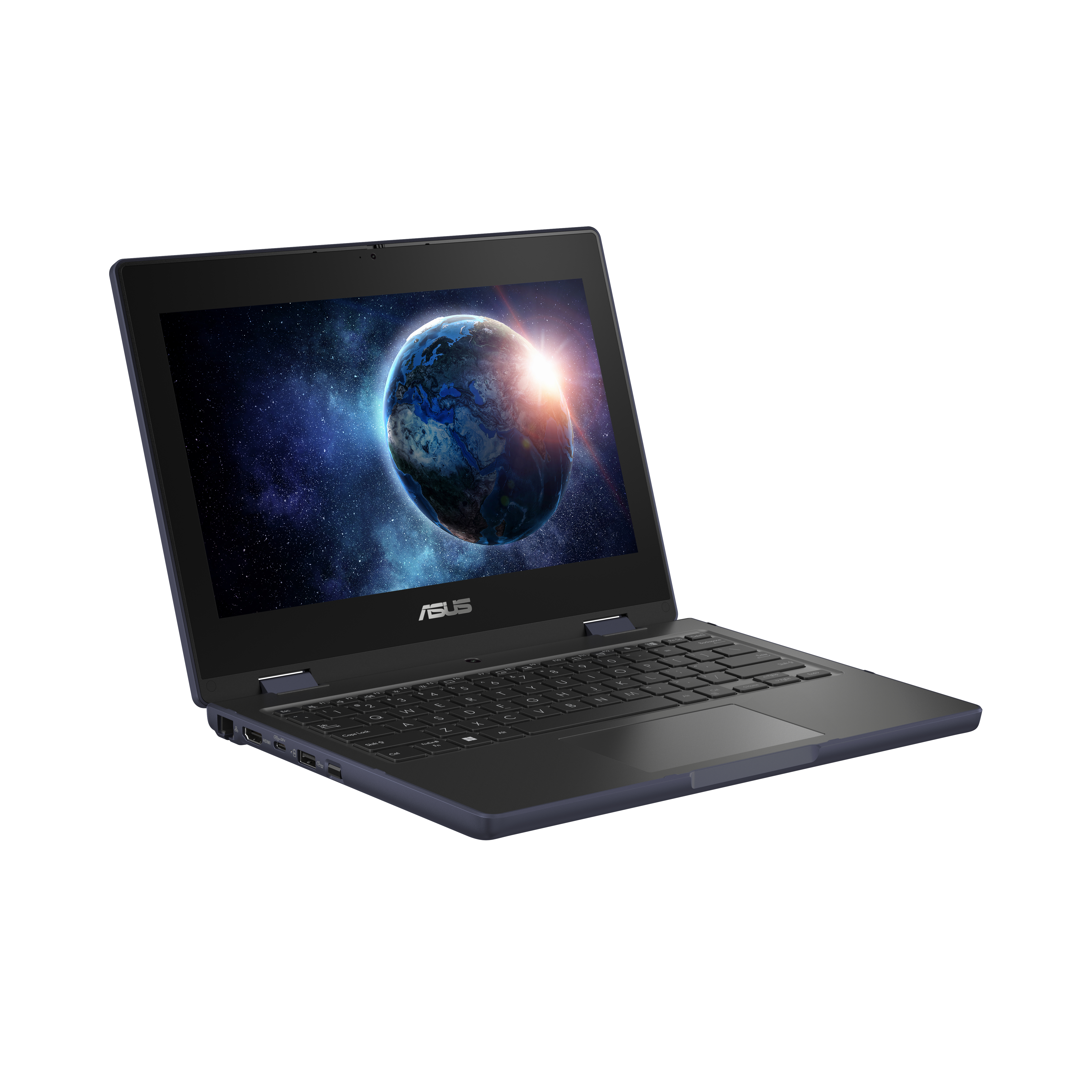 Un portátil azul oscuro con el logotipo de ASUS, la pantalla muestra una imagen del planeta Tierra.