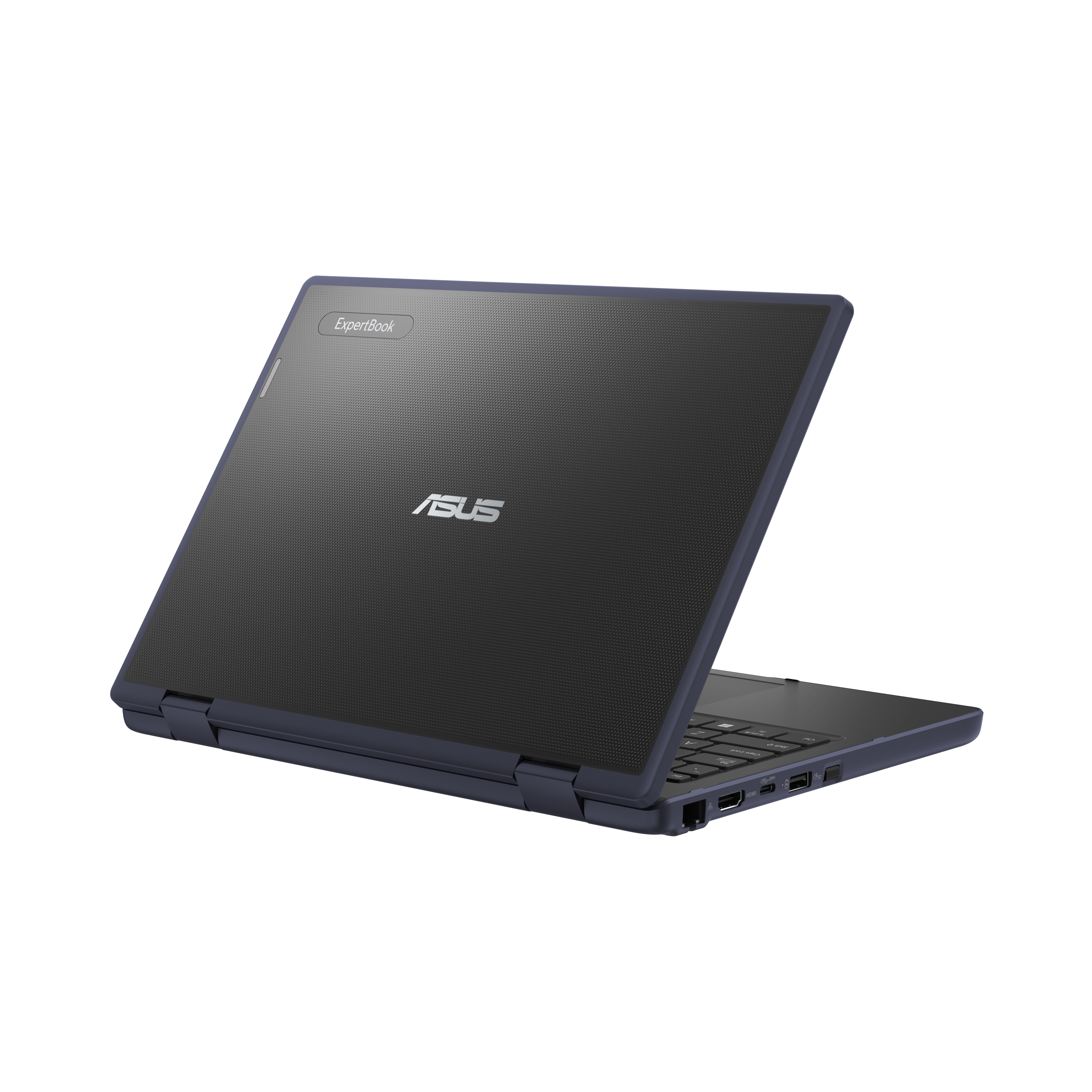 Un portátil cerrado con exterior azul oscuro. El logotipo de ASUS es visible.
