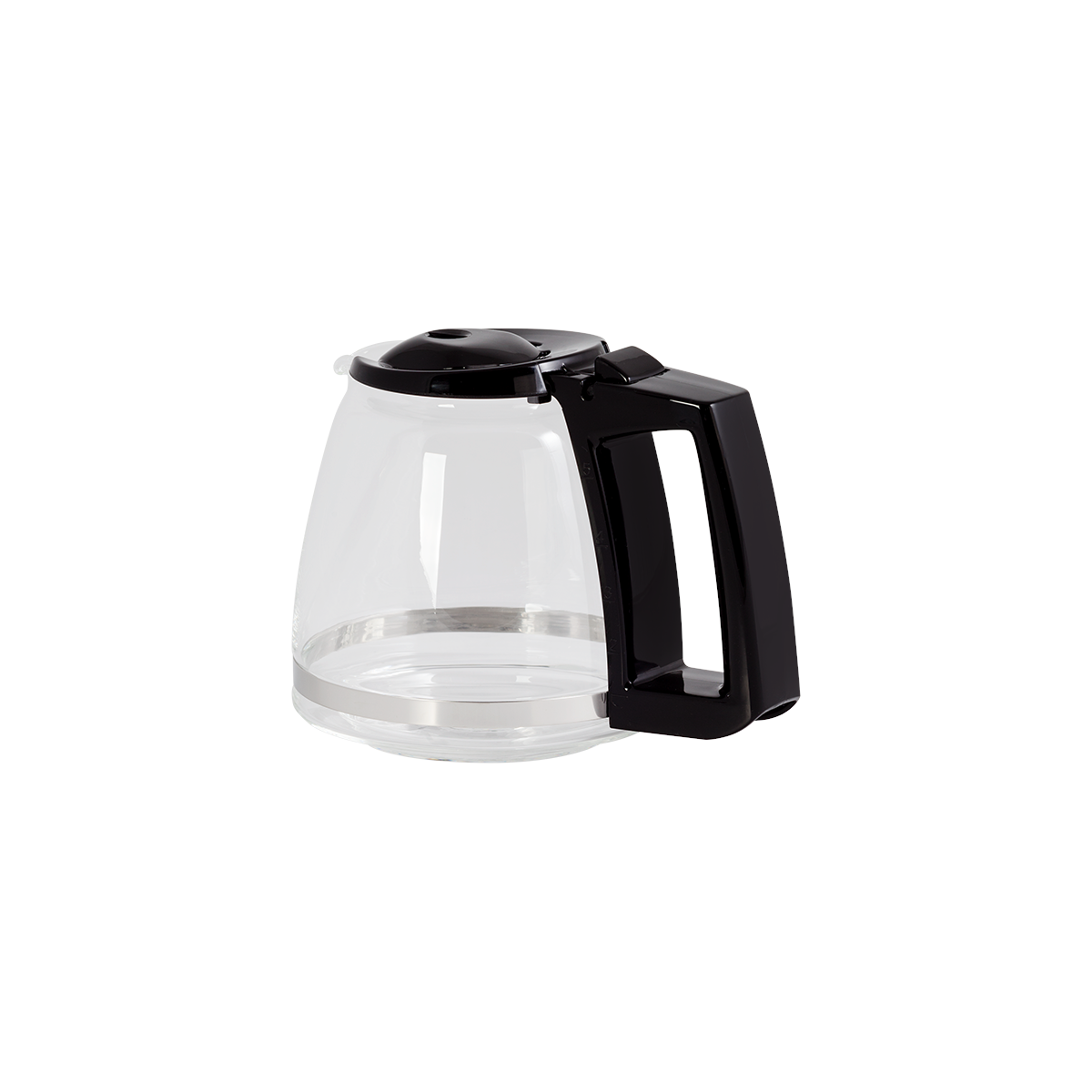 Ein Glaskaffeekrug mit schwarzem Griff auf weißem Hintergrund.