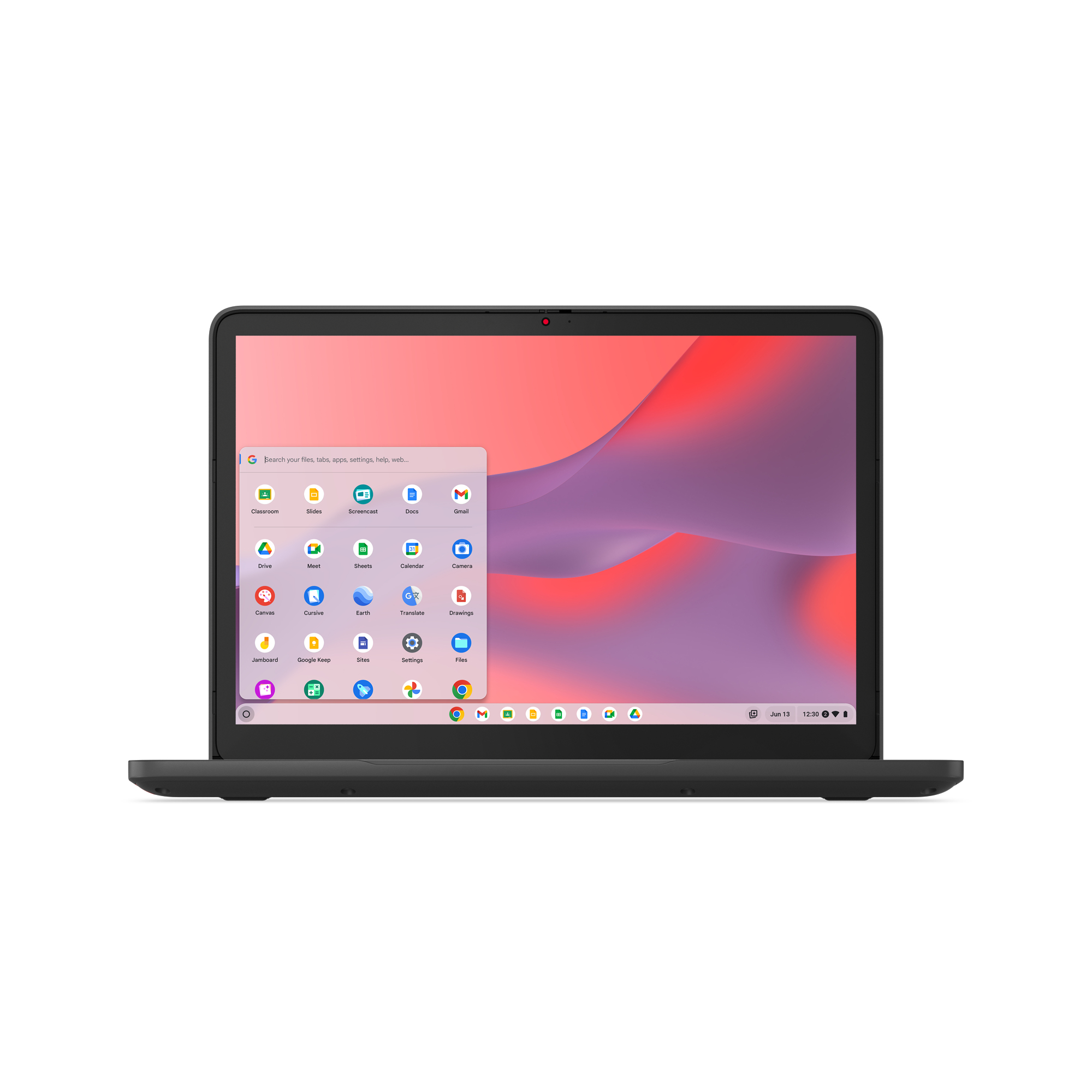 Un laptop nero è aperto su una superficie bianca, mostrando uno sfondo rosa e viola con icone di app. La tastiera è visibile.