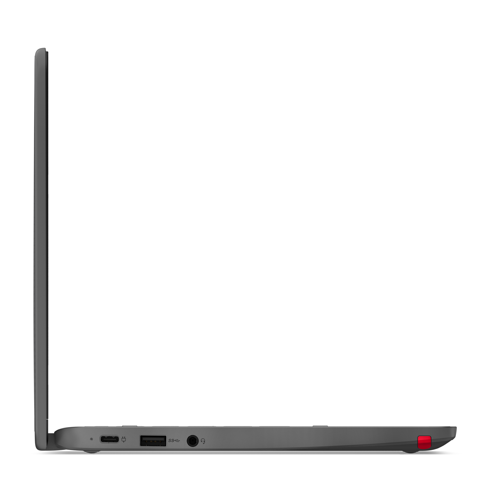 Un laptop grigio, vista laterale, che mostra il profilo con le porte, lo schermo chiuso e un accento rosso sul lato.