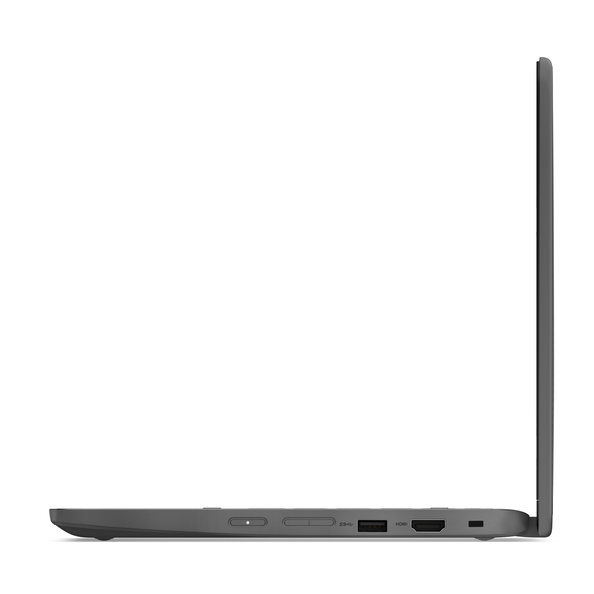 Vista laterale di un laptop grigio. Lo schermo aperto è angolato, mostrando la tastiera.