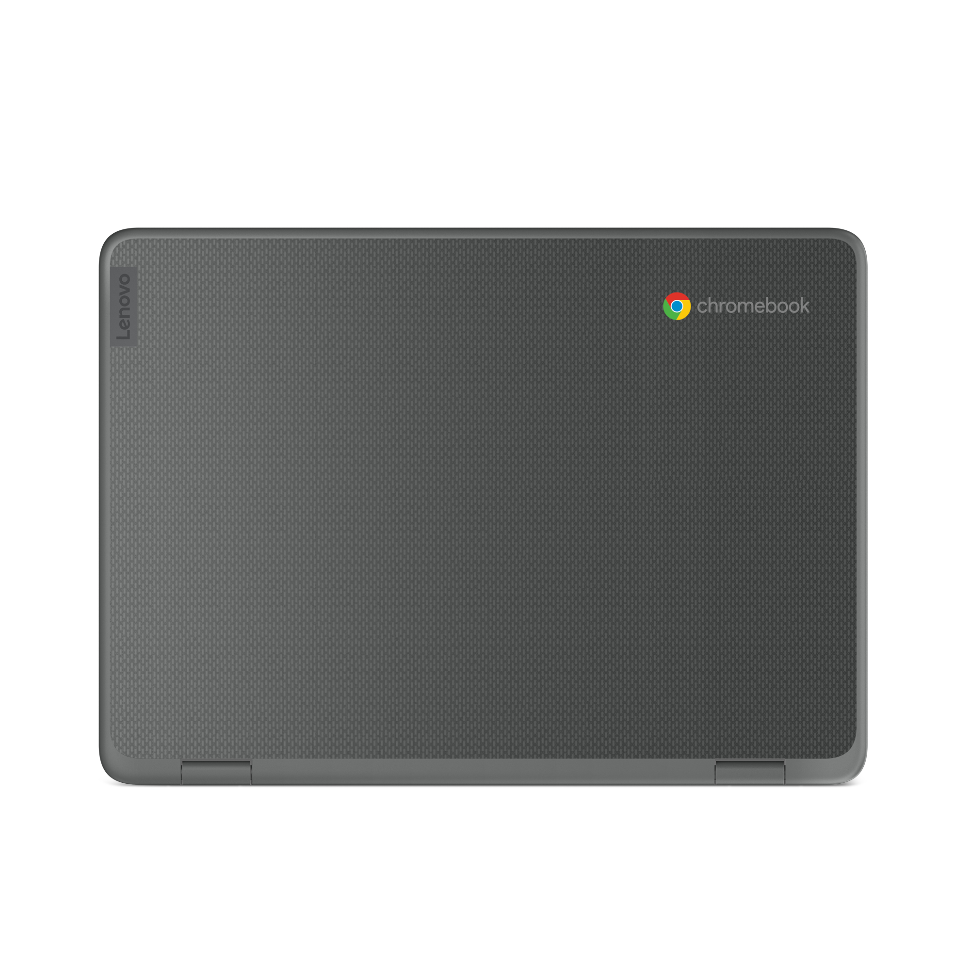Laptop Lenovo Chromebook, chiuso. Colore grigio, con il logo Lenovo e il badge Chromebook.