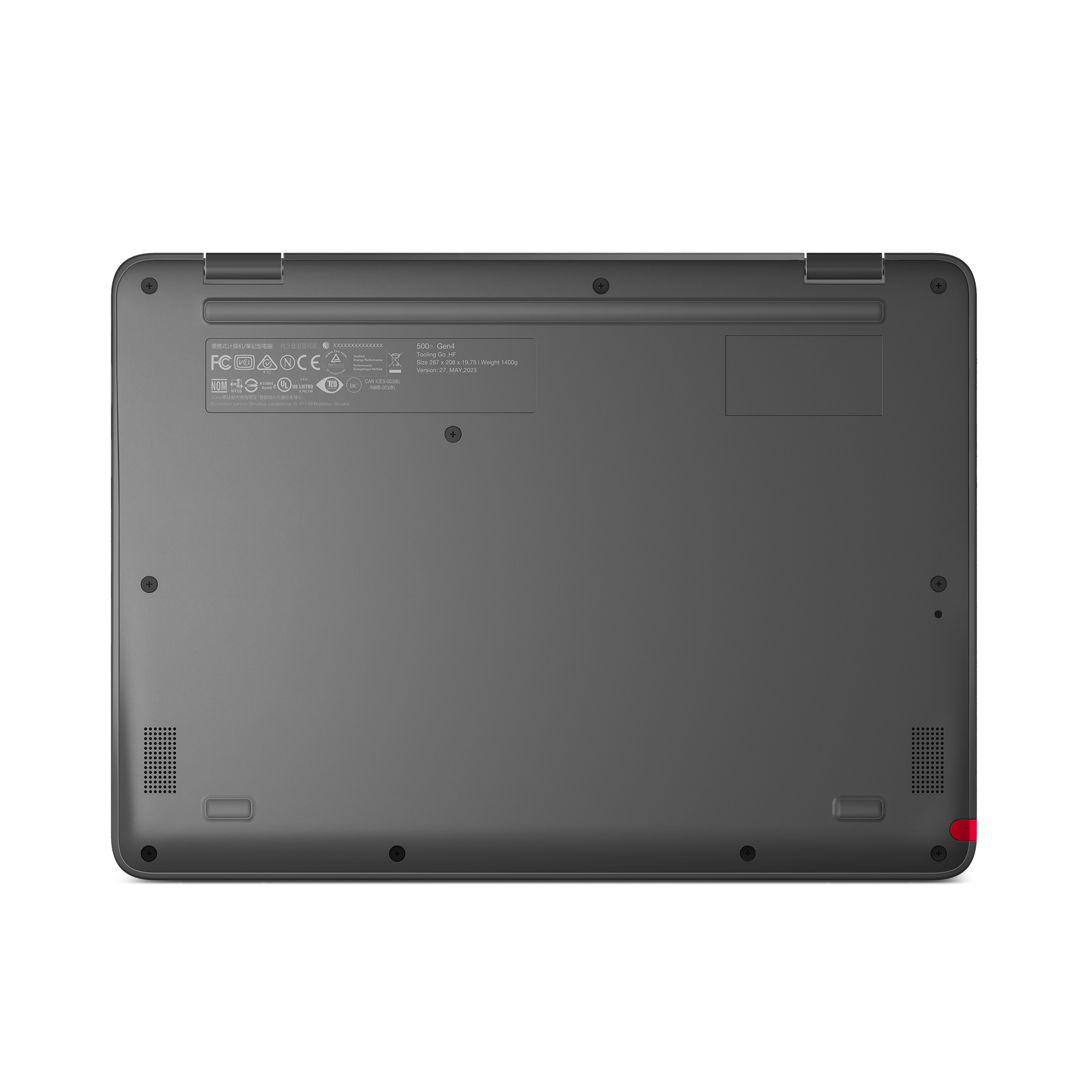 Parte inferiore del laptop con etichette, fessure e cerchio rosso.
