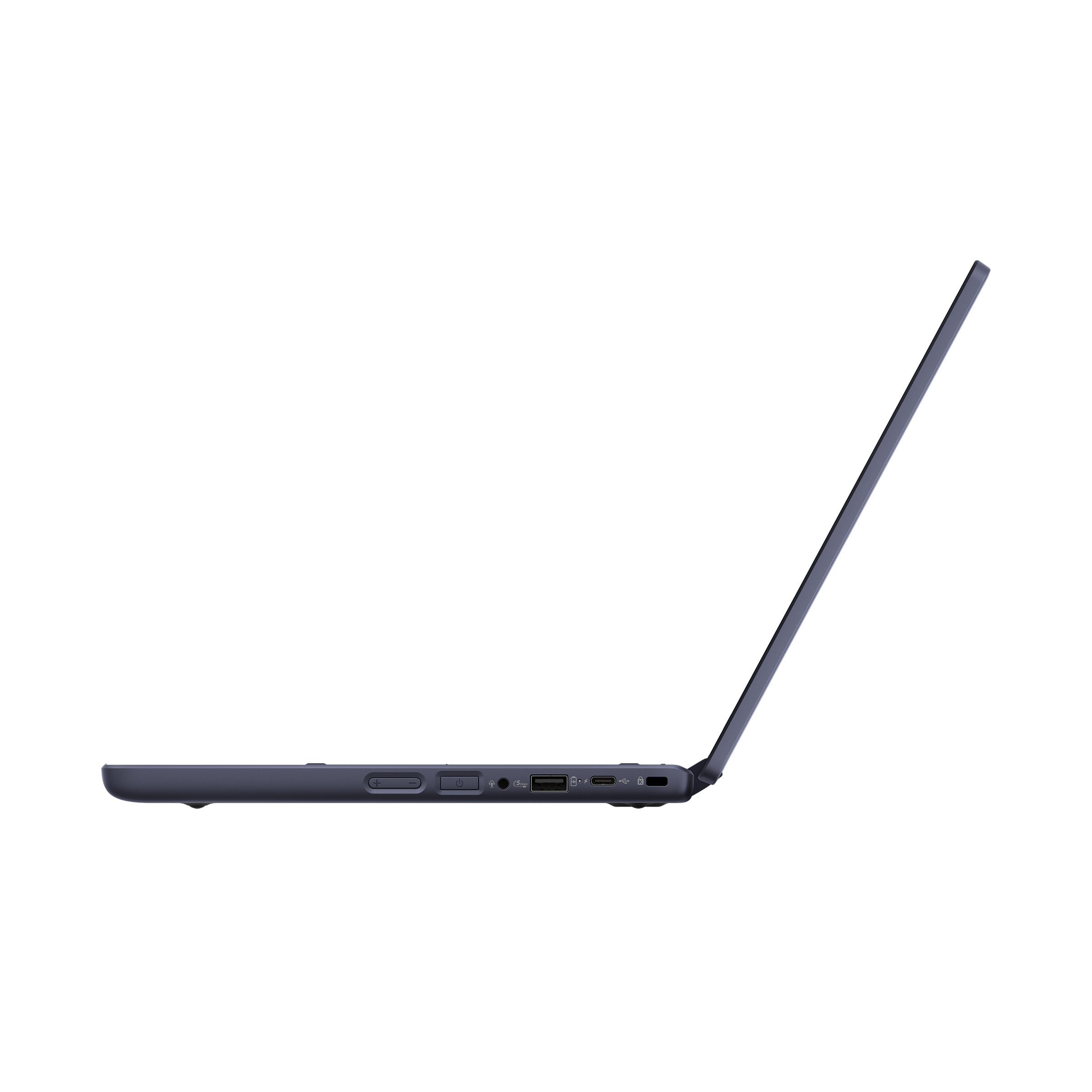 Una computadora portátil con un perfil lateral, que muestra puertos, una pantalla y un diseño elegante y azul oscuro.