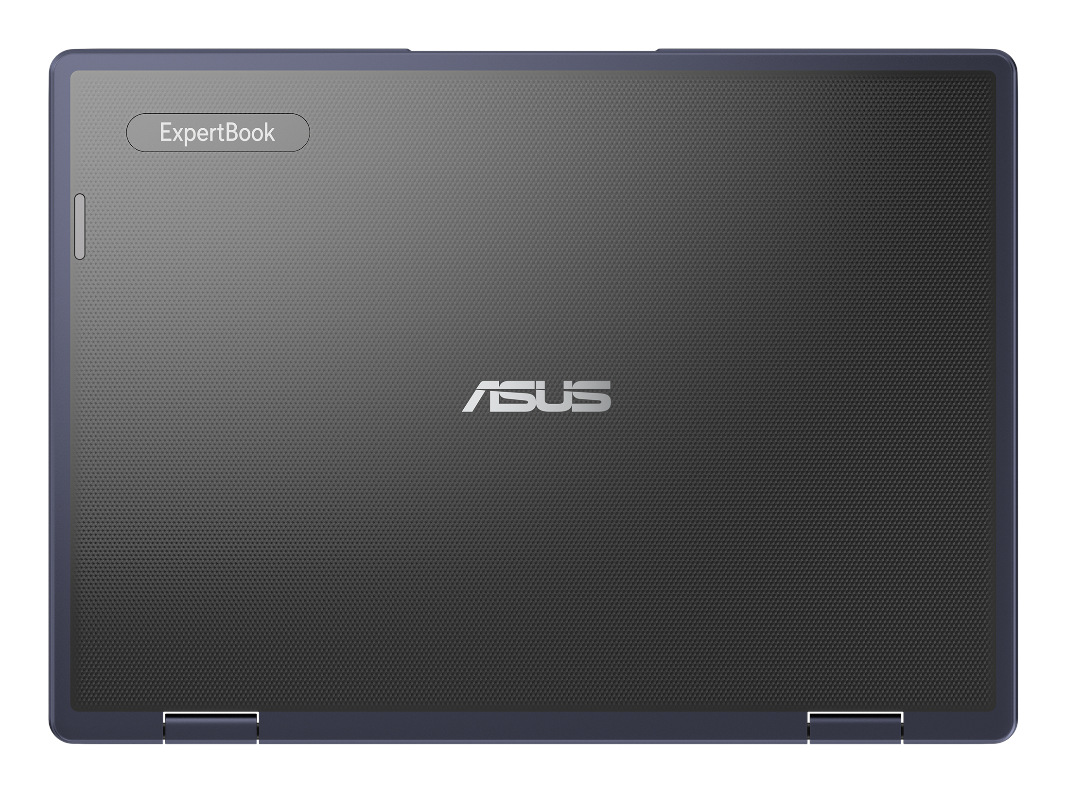 Vista superior de un portátil azul oscuro cerrado con el logotipo de ASUS y una etiqueta ExpertBook.