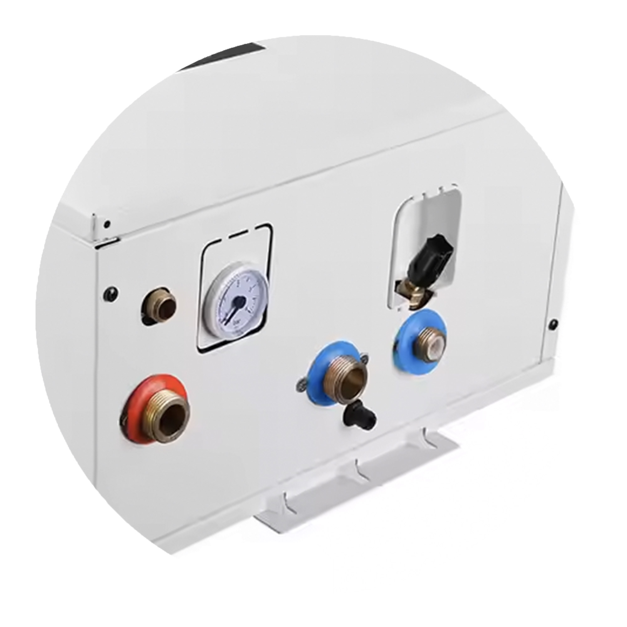 Electrodoméstico blanco con múltiples conexiones y un medidor. Tiene conectores roscados rojos y azules.