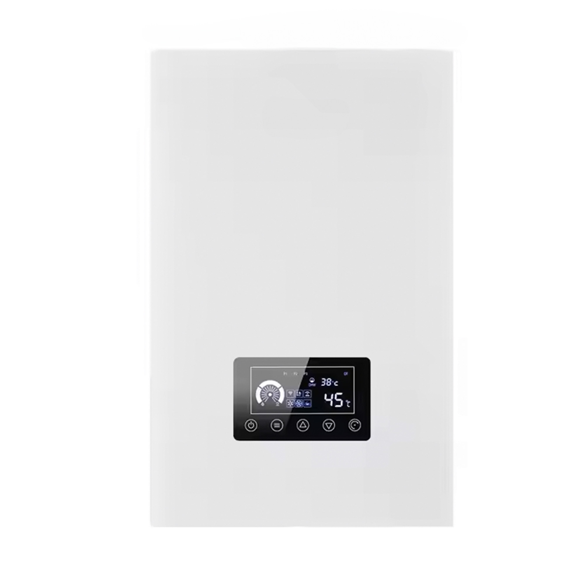 Un calentador de agua blanco montado en la pared con un pequeño panel de visualización digital.
