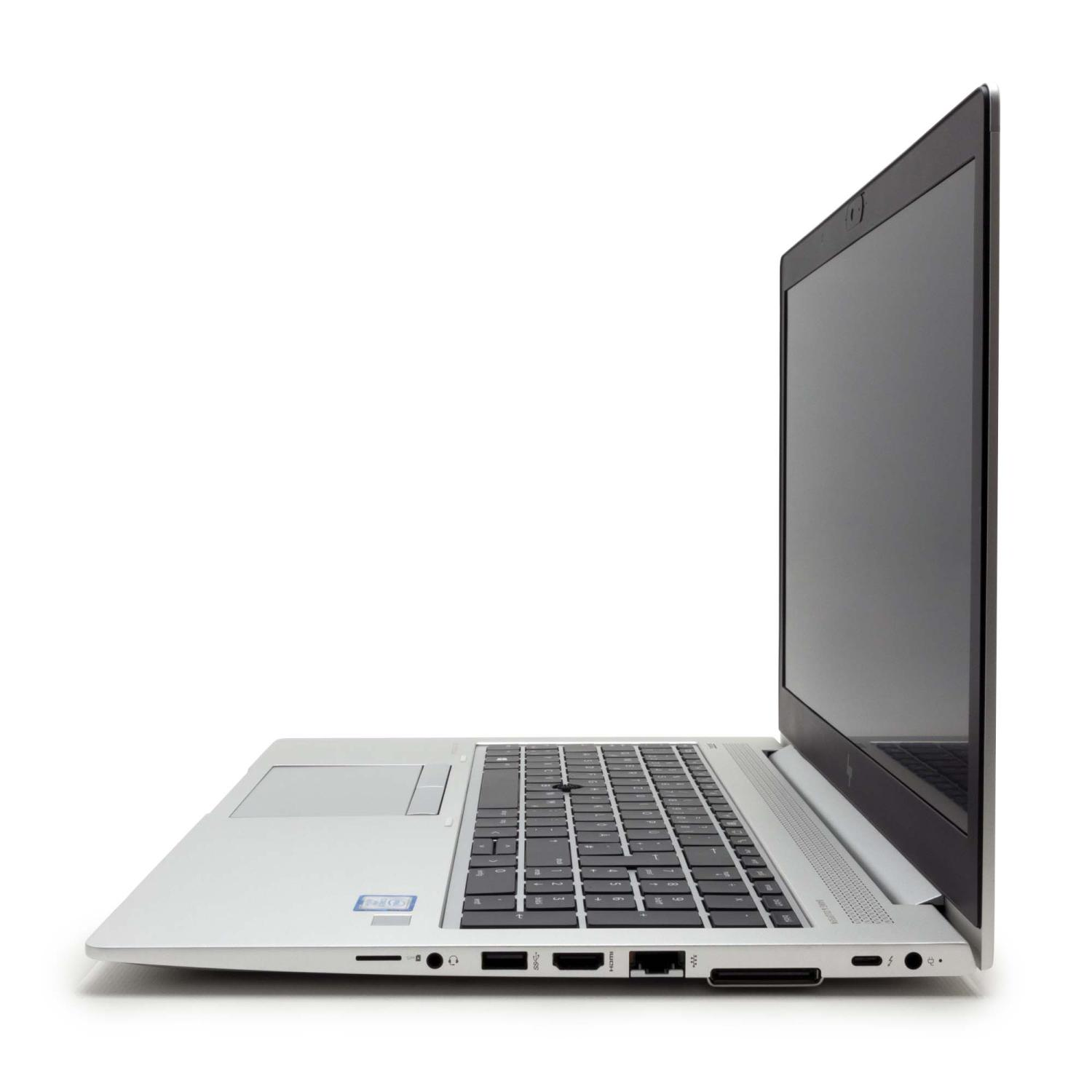 Laptop-Computer von der Seite, offen, zeigt Tastatur und Bildschirm.