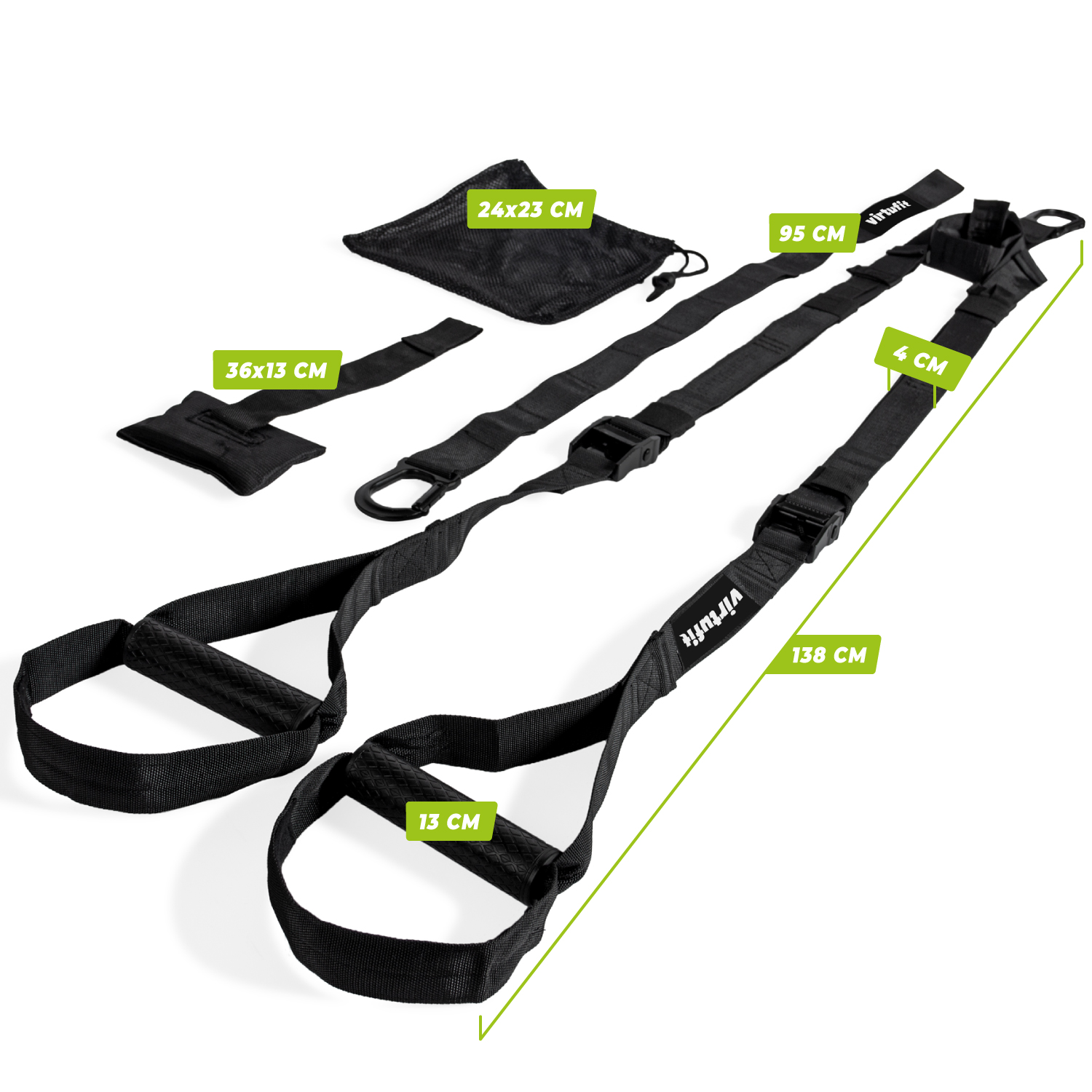 Schwarze Suspension-Trainingsgurte mit Maßen. Inklusive einer schwarzen Tragetasche.