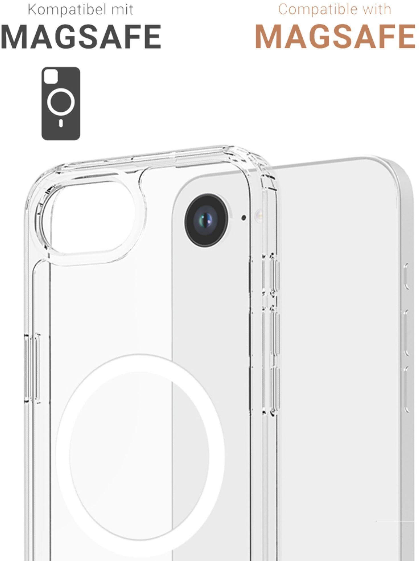 Transparente Handyhülle mit Magsafe-Ring, Telefon rechts. Text auf Deutsch.