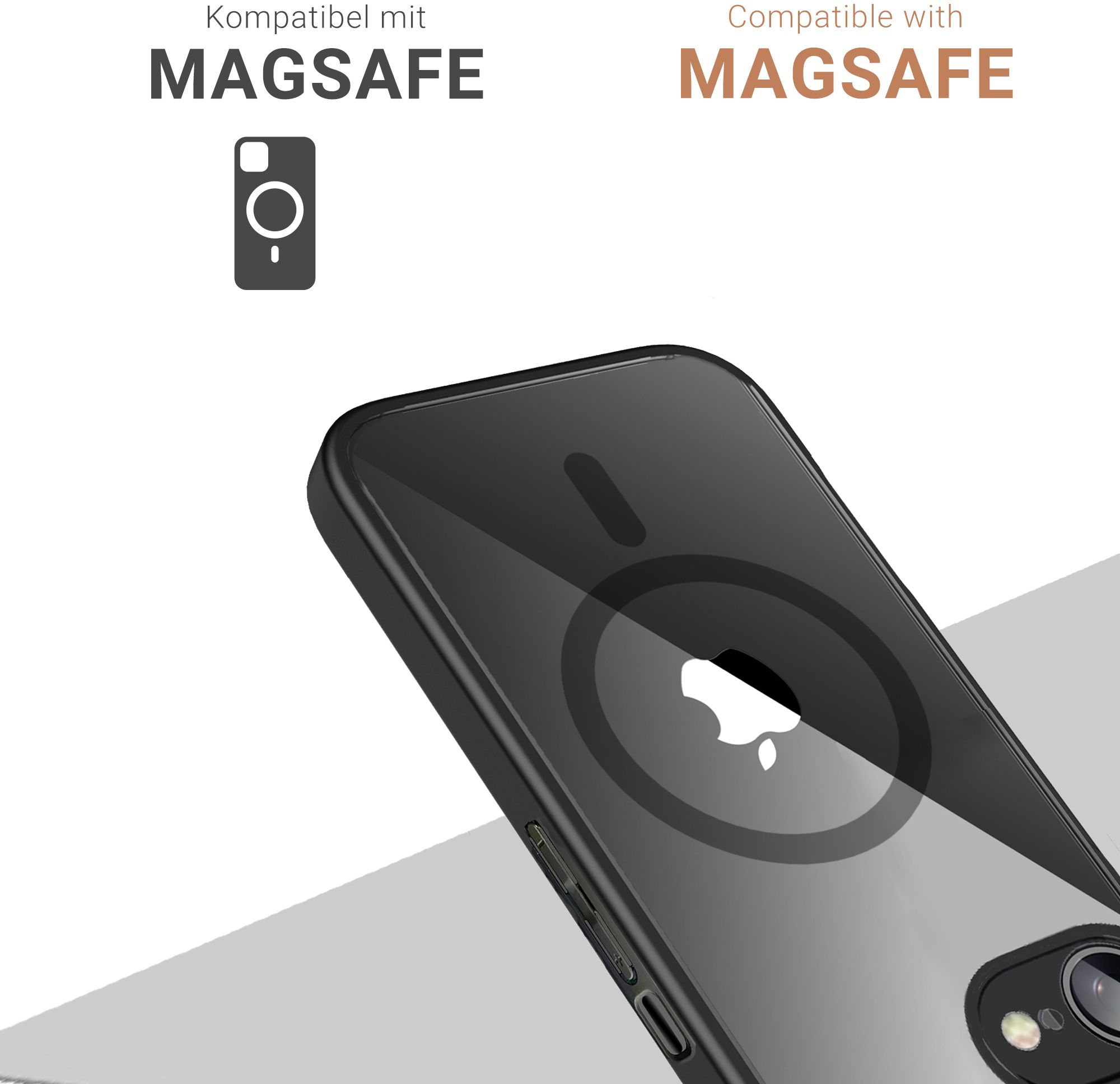 Schwarze Handyhülle mit MagSafe-Logo und Branding.