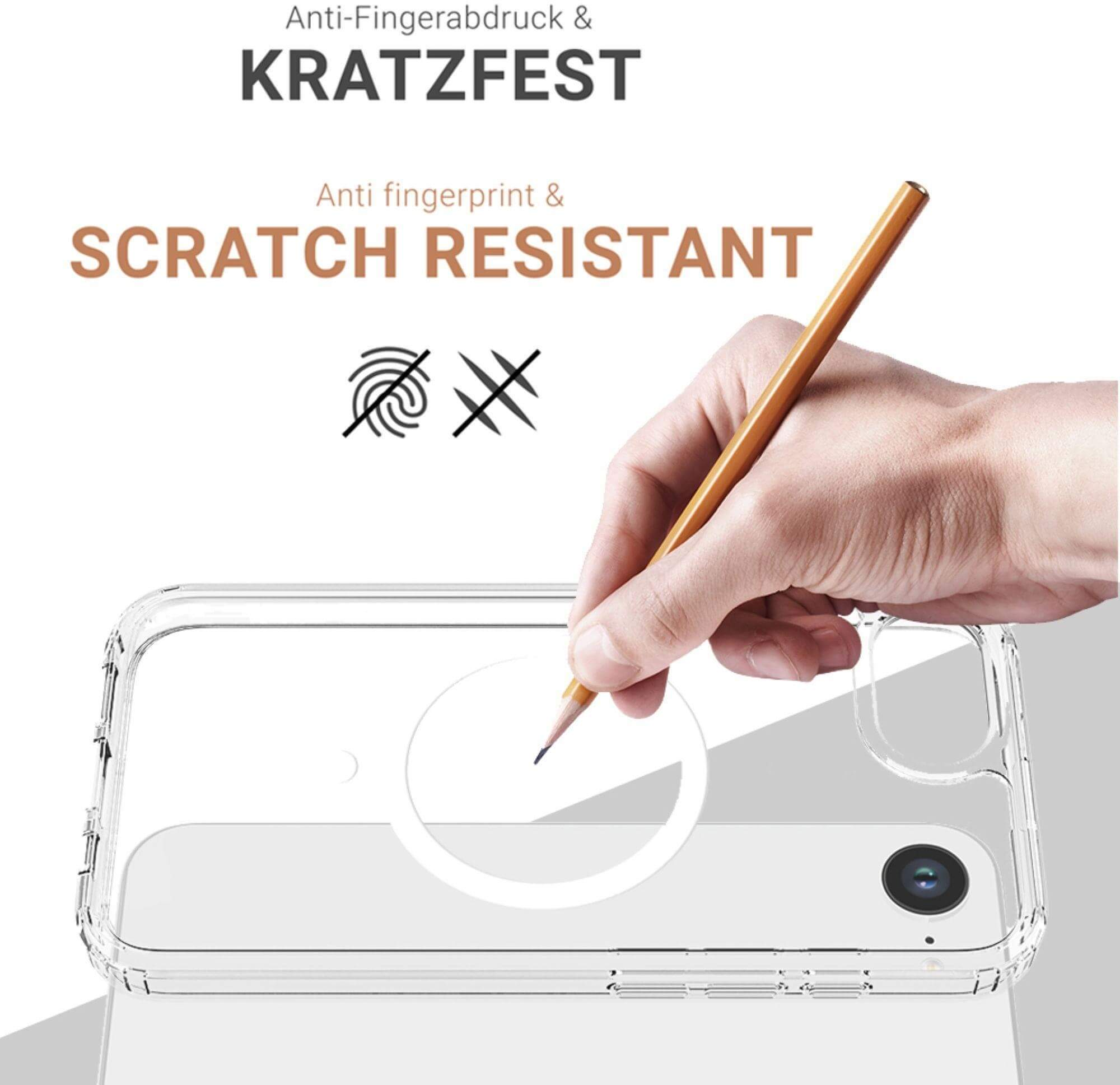 Hand mit Bleistift, versucht eine transparente Handyhülle zu zerkratzen.