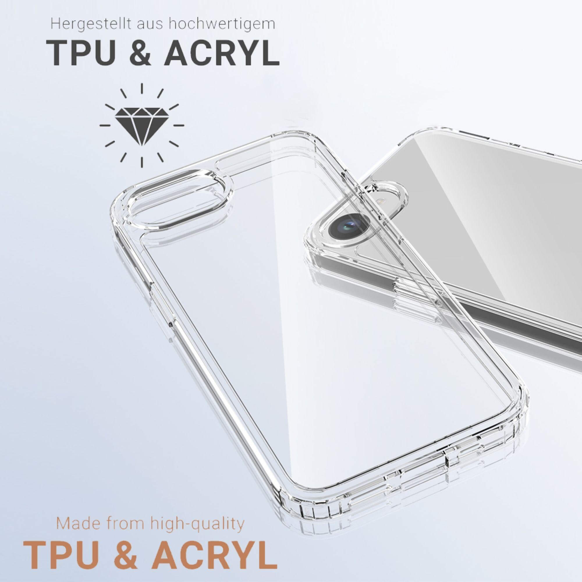 Eine transparente Handyhülle mit einem Telefon darin. Die Hülle ist transparent und hat eine glänzende Oberfläche. Weißer Hintergrund.