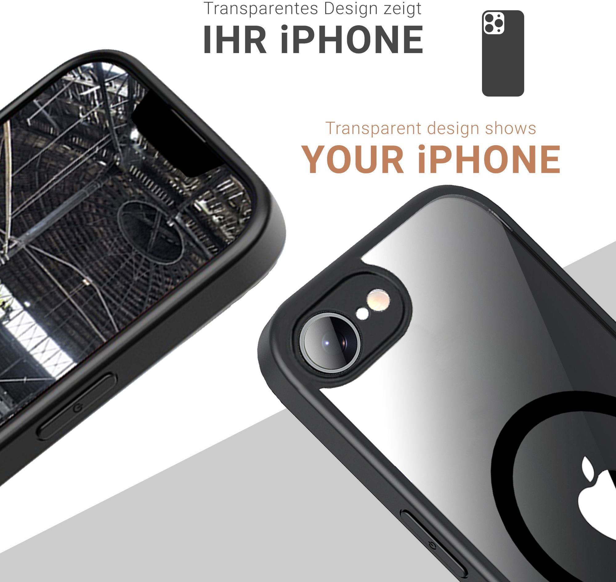 iPhone in klarer Hülle. Transparentes Design, zeigt die Funktionen des Telefons.