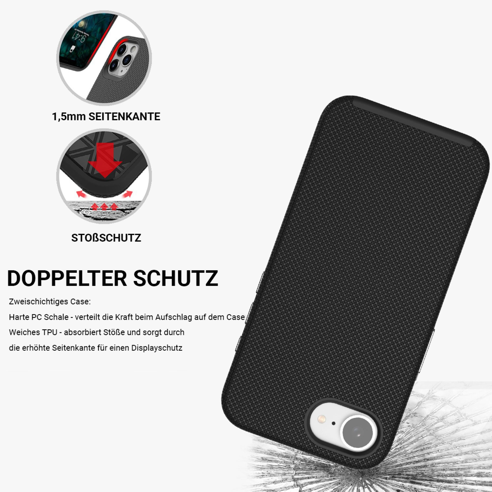 Schwarze Handyhülle mit strukturierter Oberfläche, Diagramm mit Aufprallschutzdetails.