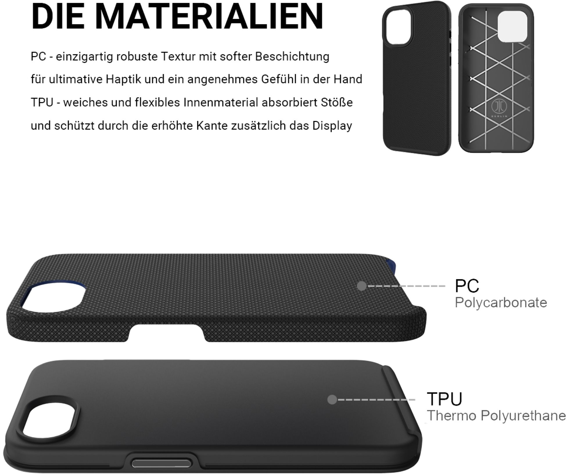 Handyhülle mit Schichten. PC, Polycarbonat und TPU, Thermopolyurethan. Die Materialien sind beschriftet.
