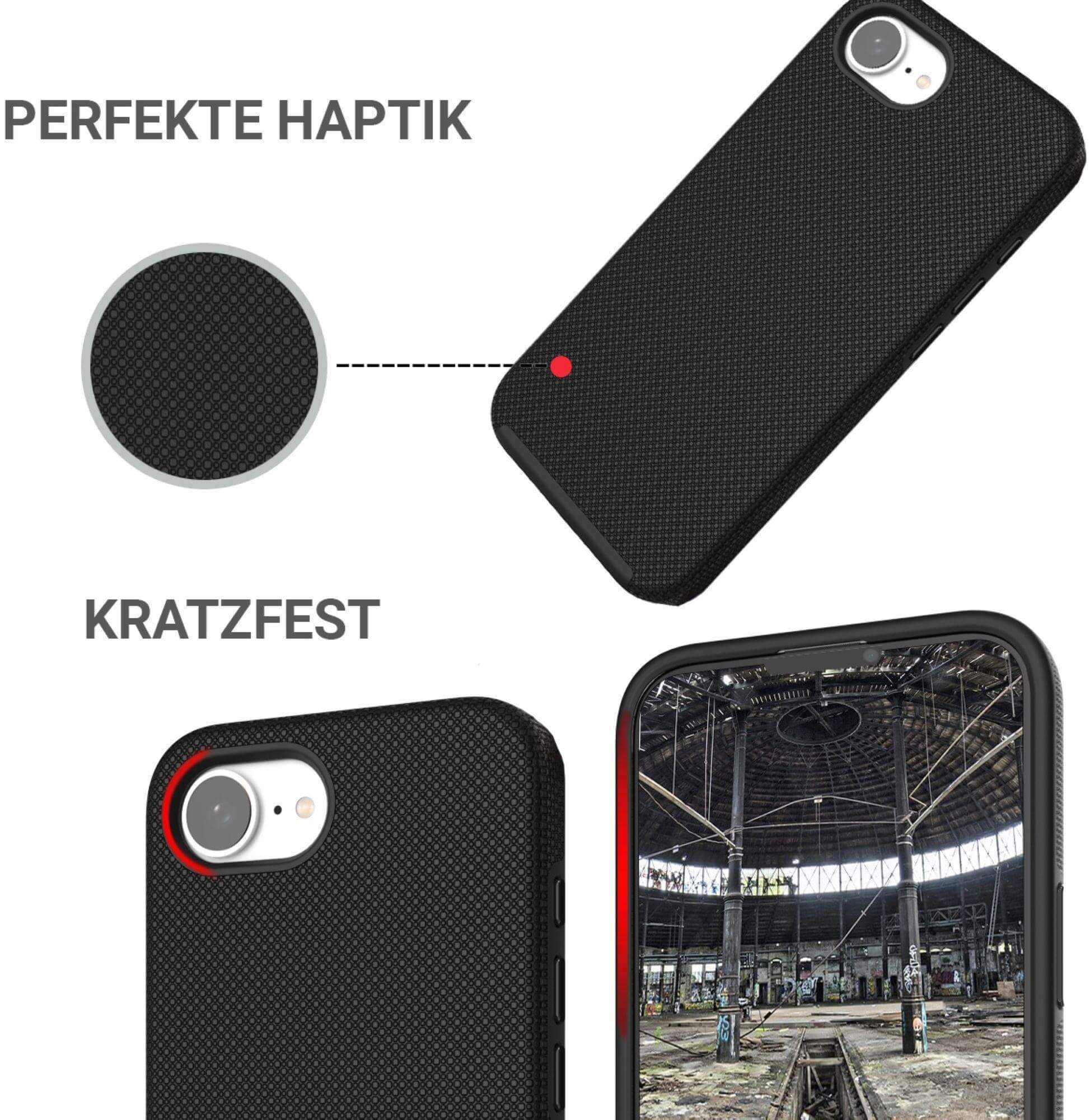 Schwarze Handyhülle. Nahaufnahmen zeigen Textur und Kamera. Einsatz zeigt Telefon.