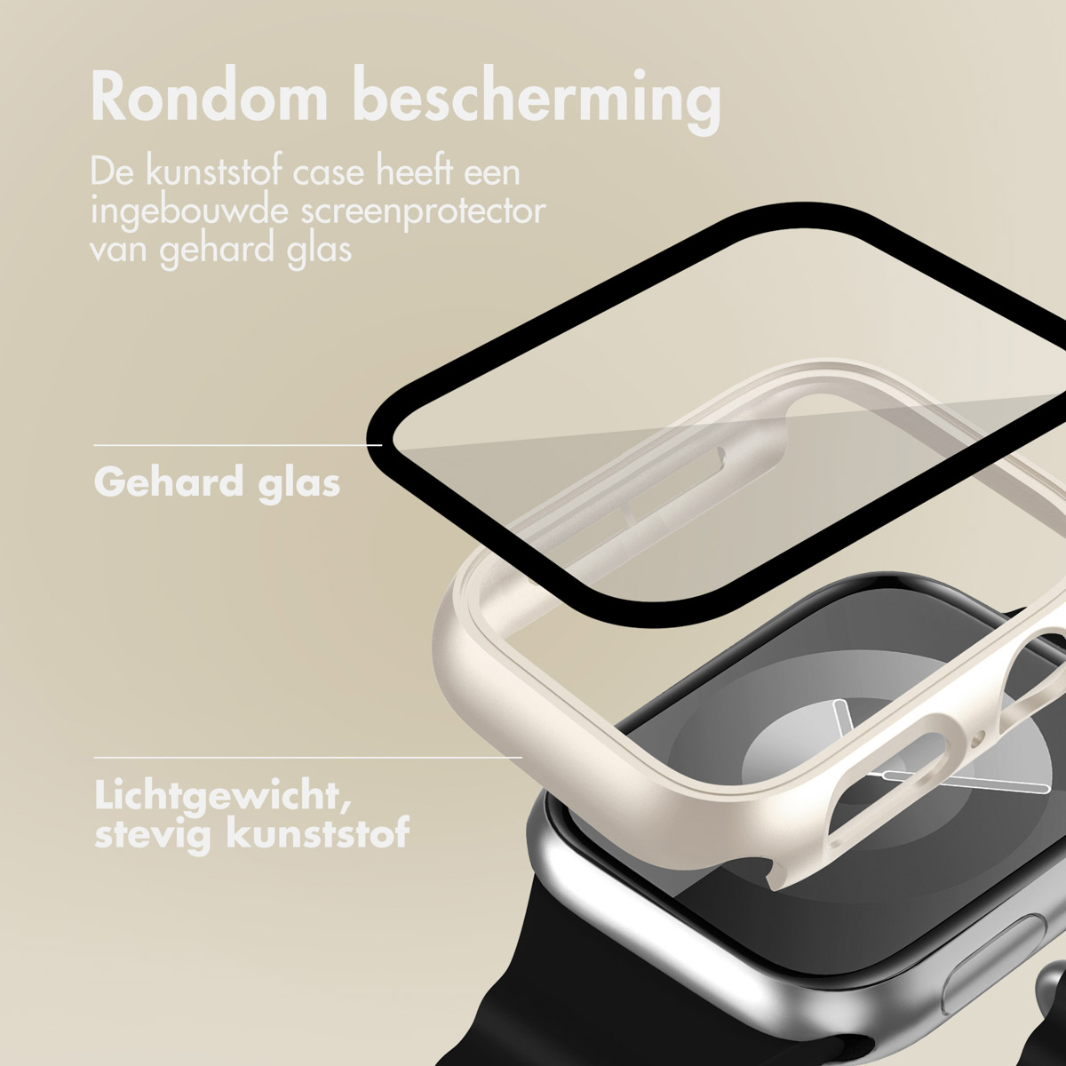 A watch screen protector in a case, with a view of the screen and a layer breakdown: glass and plastic.