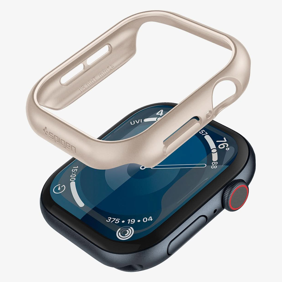 Czarna obudowa zegarka z białym wnętrzem. Białe tło.