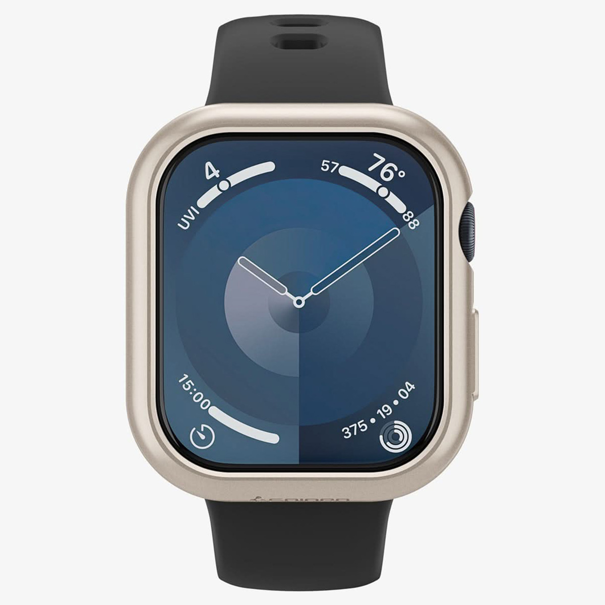 Apple Watch, złota obudowa, czarny pasek, wyświetlający czas i metryki.
