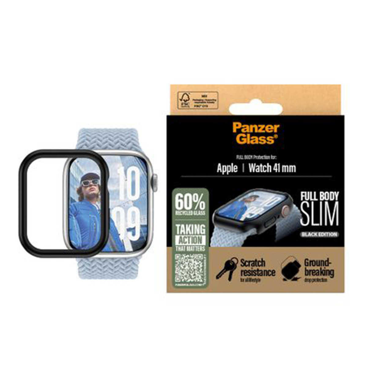 A smartwatch with a protective case next to its packaging, showing a man wearing sunglasses.