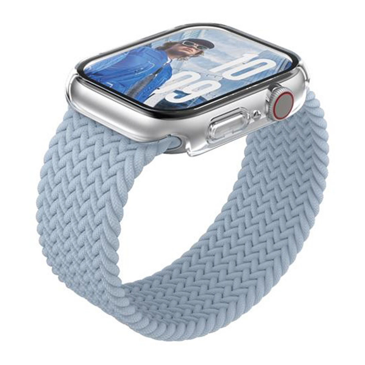 Silver Apple Watch with a clear case and a light blue braided band.