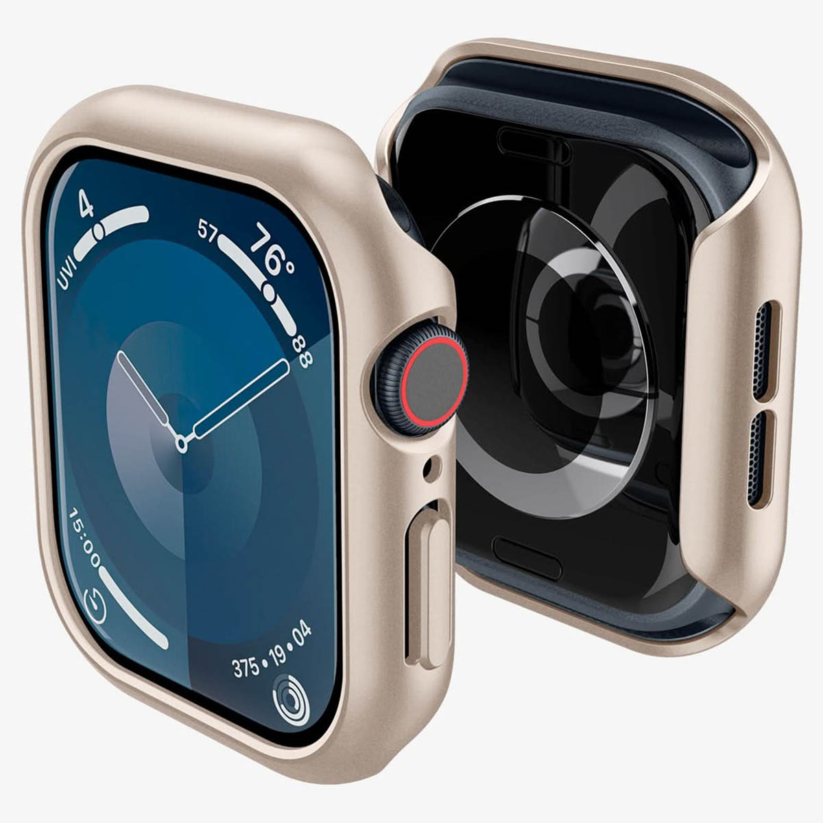 Apple Watch w złotym etui, wyświetlający godzinę i interfejs, z bliskim widokiem.