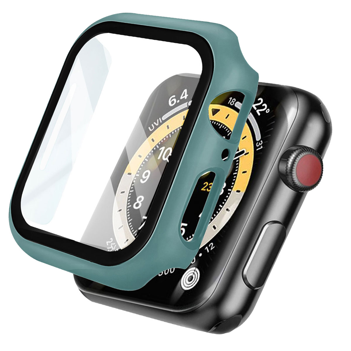 A watch with a green case and screen protector. The watch shows the time.